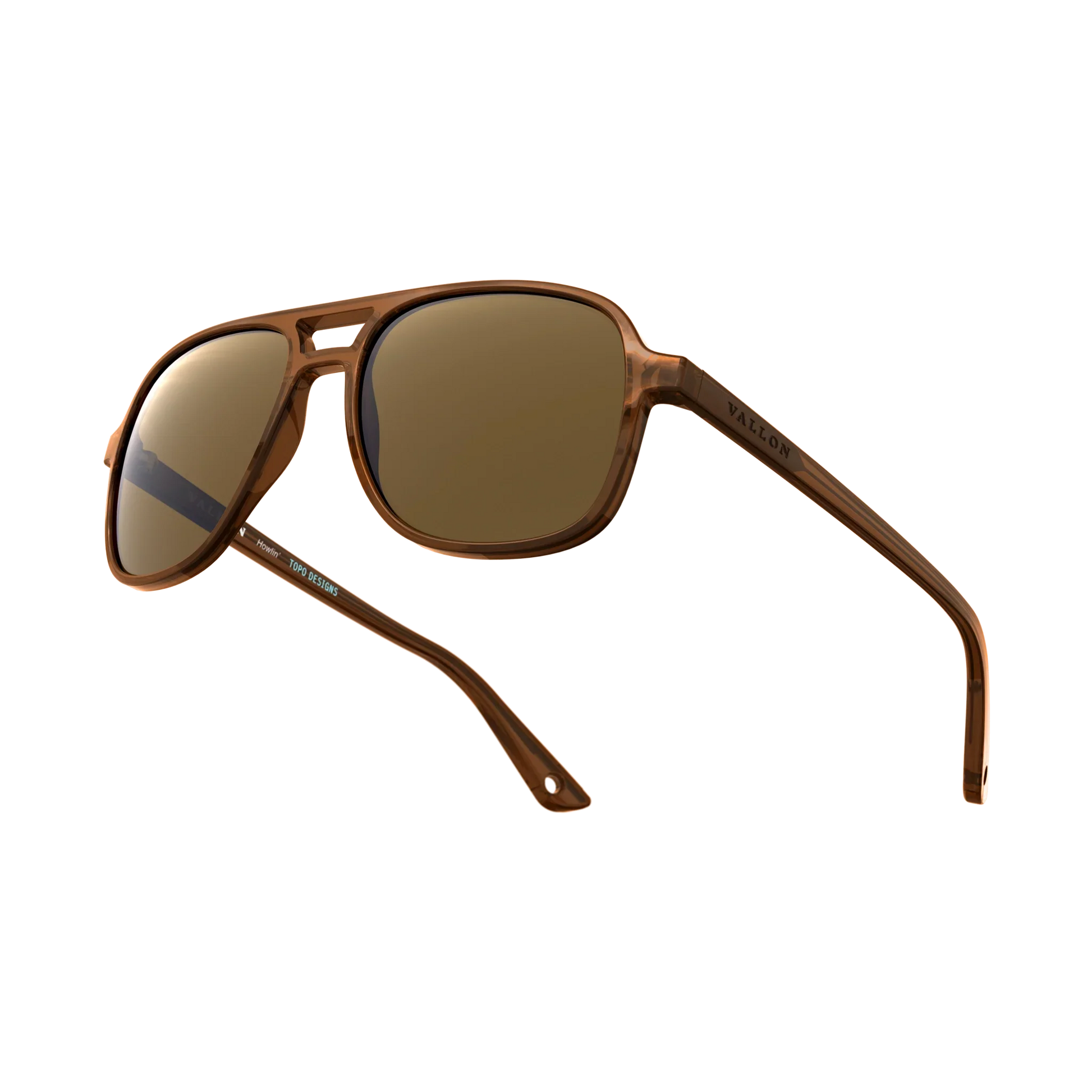 General alternate angled view of VALLON X Topo Designs sunglasses in "Brown / Brown" with sunglass arms open.