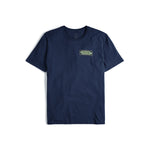 Front view of Topo Designs Men's Geographic Tee 100% organic cotton short sleeve graphic logo t-shirt in "navy".