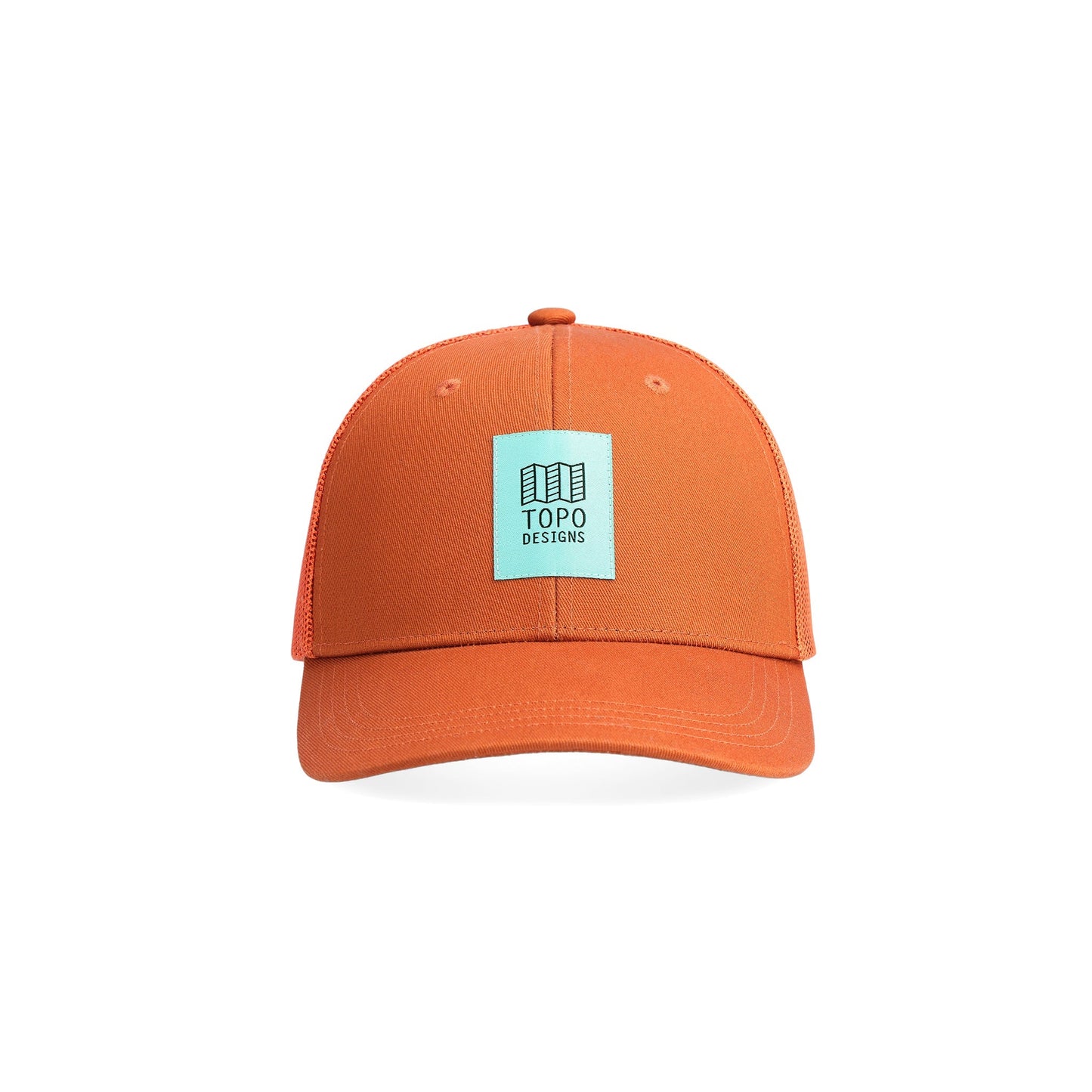 Front shot of Topo Designs Trucker Hat with mesh back and original logo patch in "Clay".
