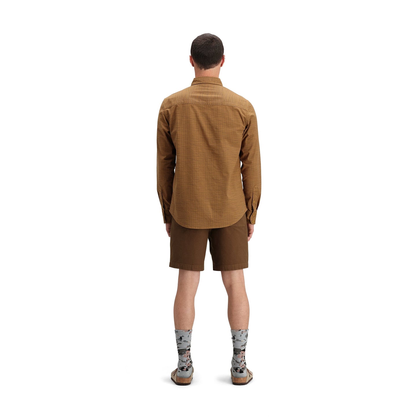 General back model shot of Topo Designs Dirt Desert Shirt - Men's in "Dark Khaki Terrain"