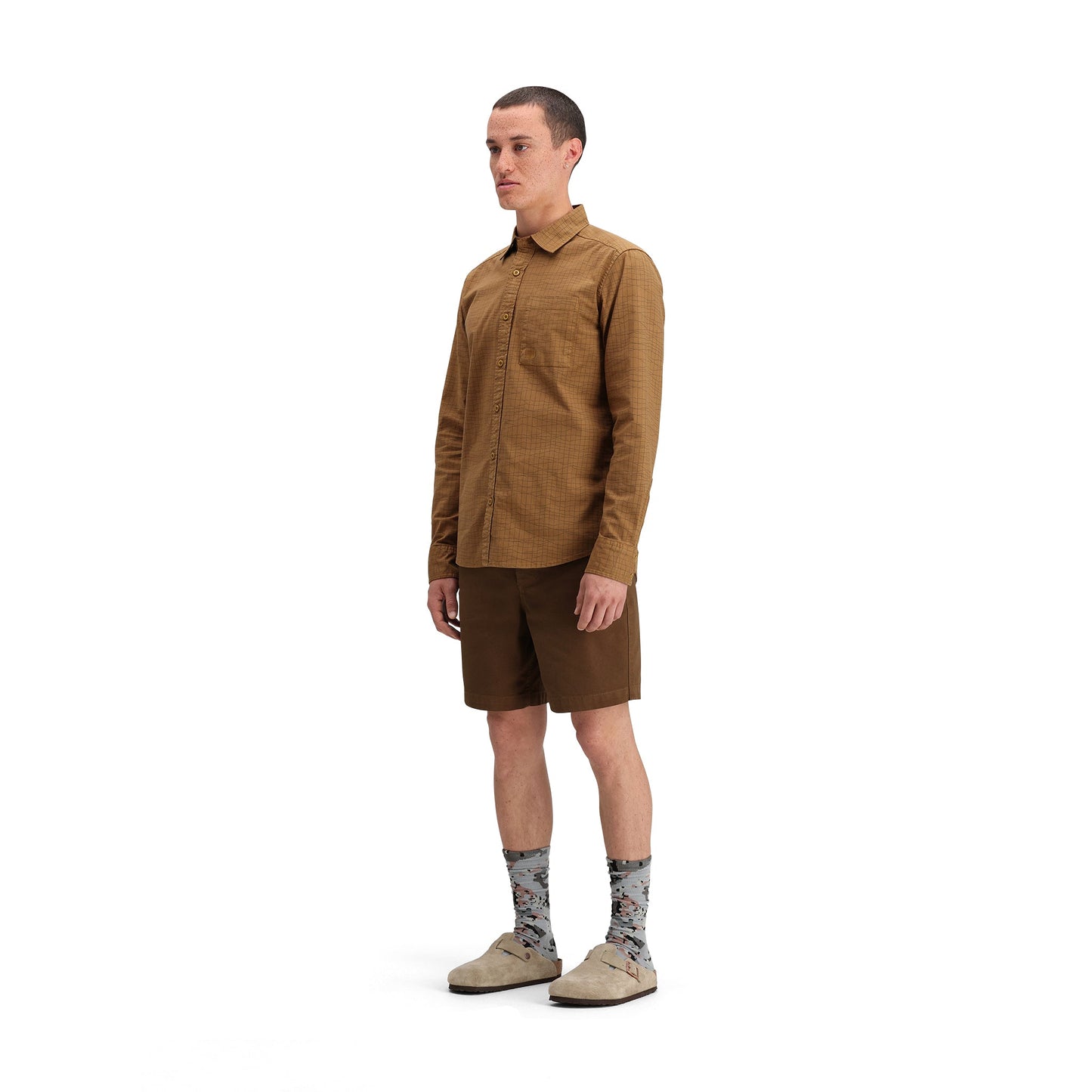 General side model shot of Topo Designs Dirt Desert Shirt - Men's in "Dark Khaki Terrain"