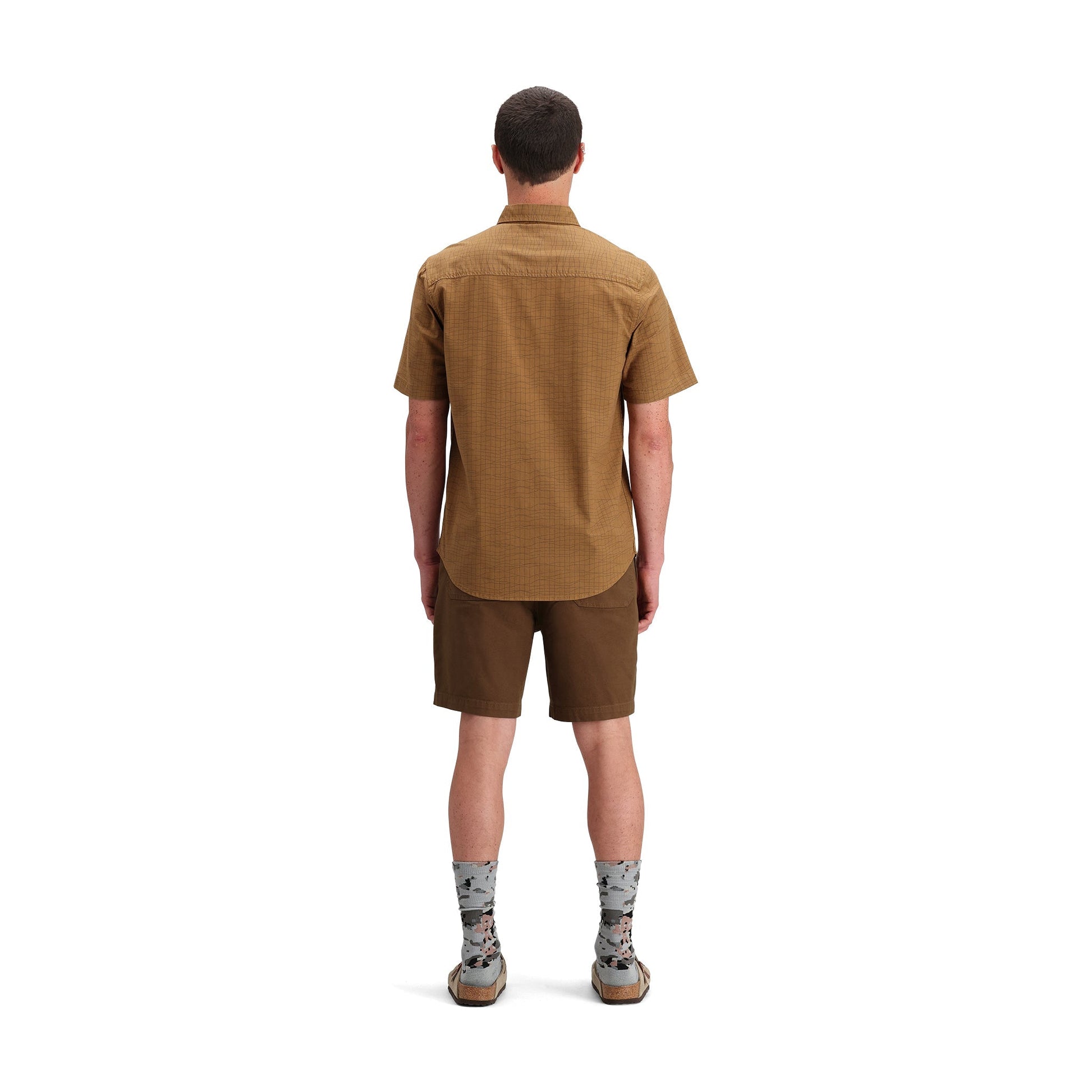 Back model shot of Topo Designs Dirt Desert Shirt Ss - Men's in "Dark Khaki Terrain"