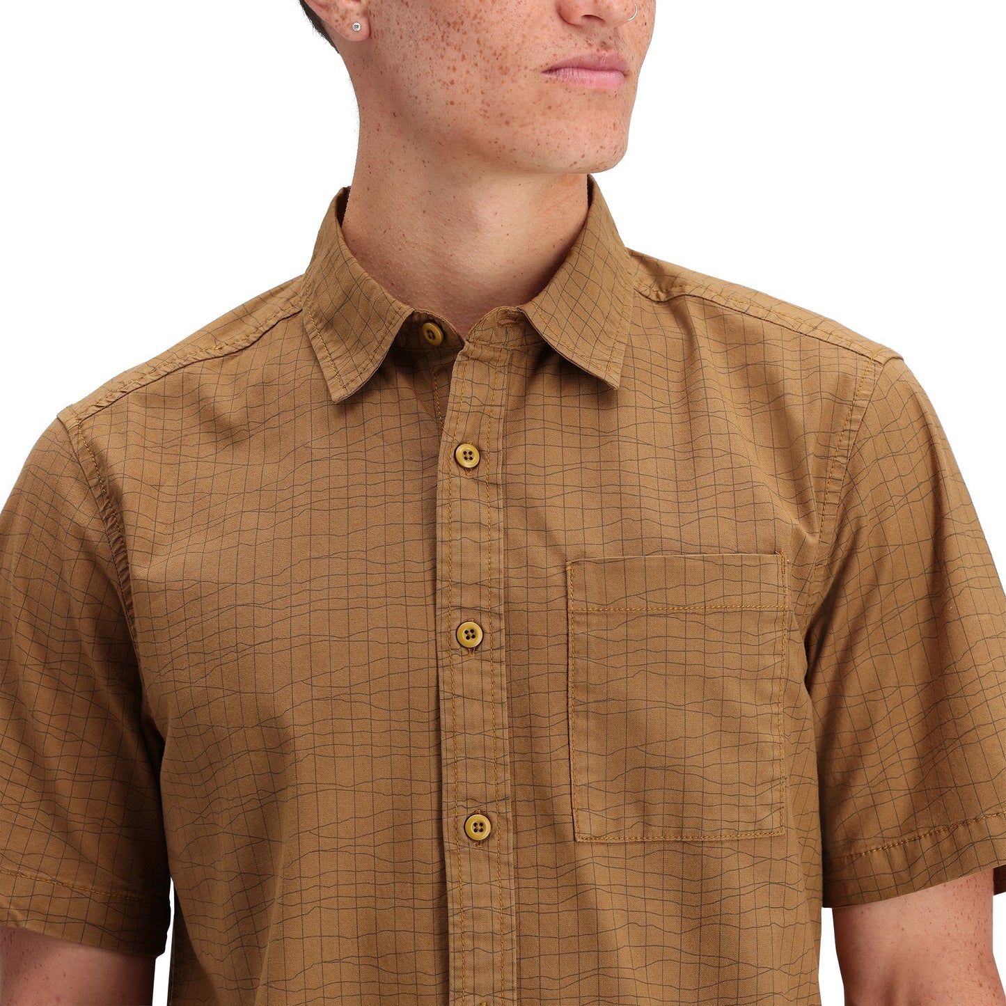 Detail shot of Topo Designs Dirt Desert Shirt Ss - Men's in "Dark Khaki Terrain"