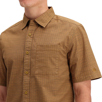 Detail shot of Topo Designs Dirt Desert Shirt Ss - Men's in "Dark Khaki Terrain"