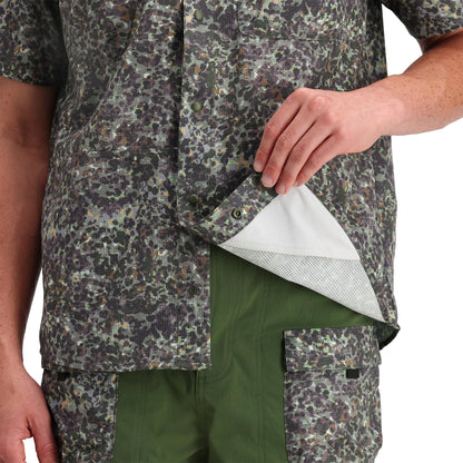 Detail shot of Topo Designs Retro River Shirt Ss - Men's in "Olive Meteor"