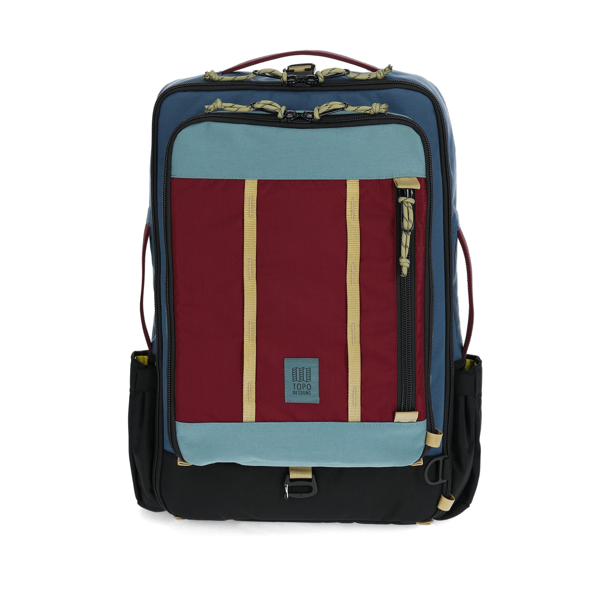 Front View of Topo Designs Global Travel Bag 30L in "Dark Denim / Burgundy"