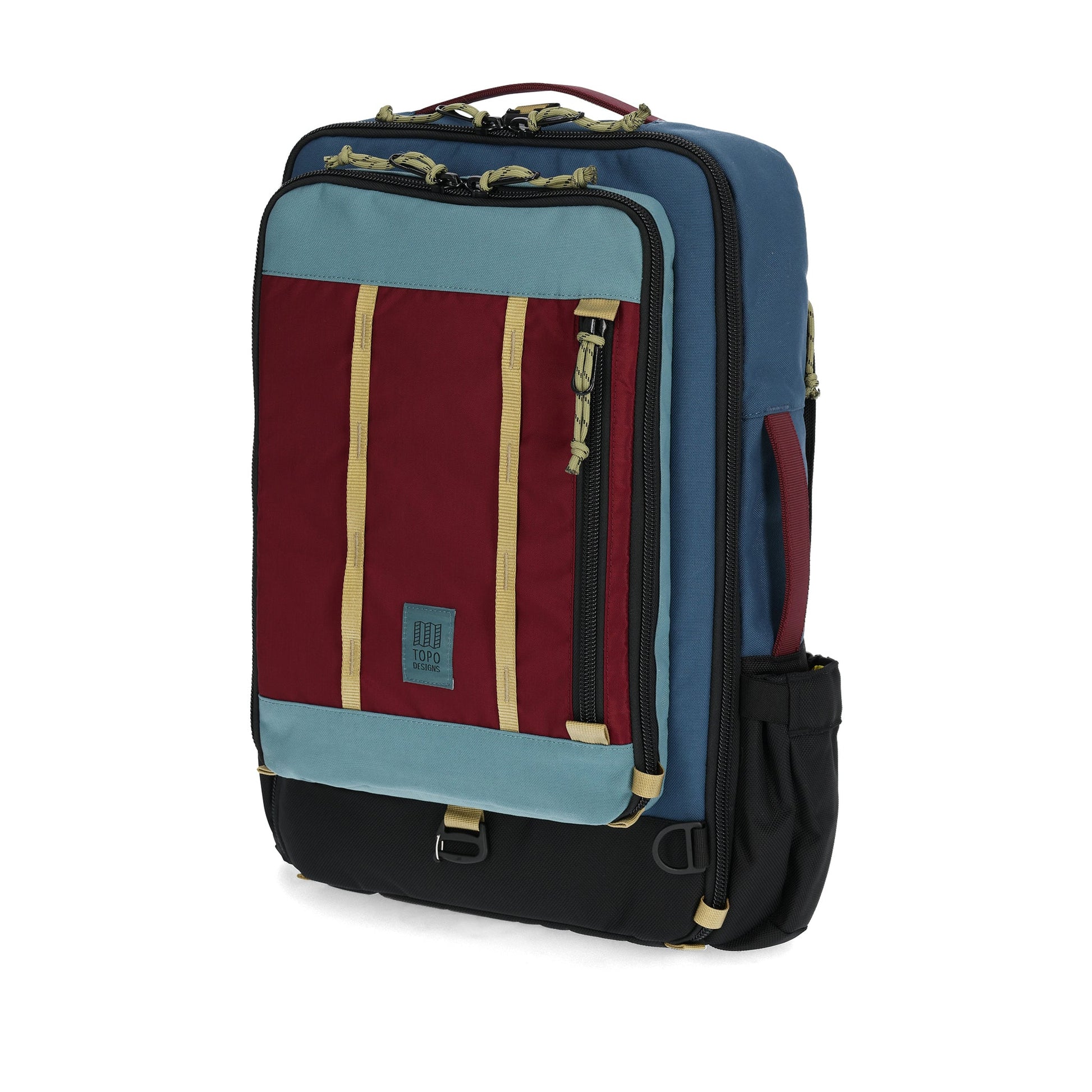 Front View of Topo Designs Global Travel Bag 30L in "Dark Denim / Burgundy"