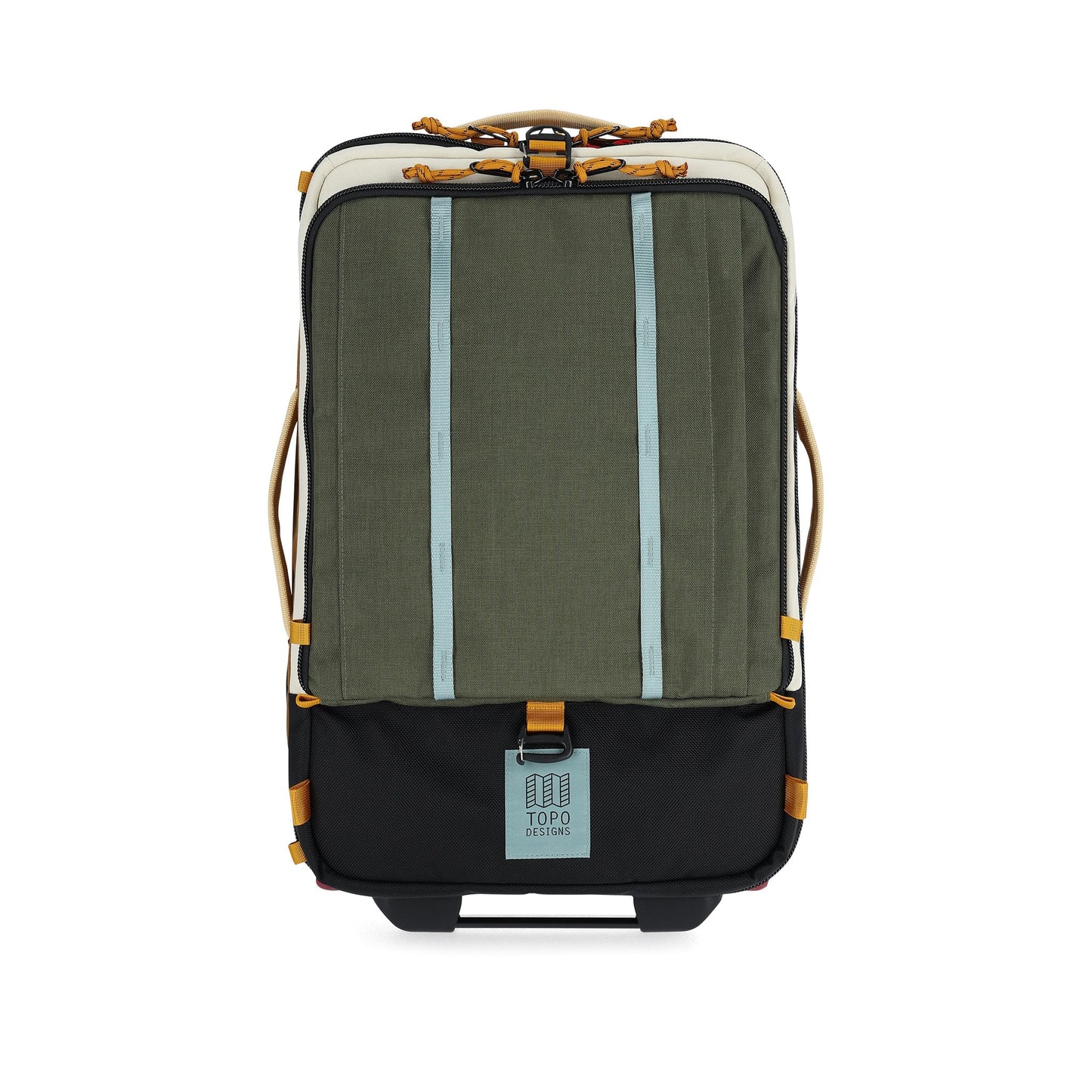 Front View of Topo Designs Global Travel Bag Roller in "Bone White / Olive"