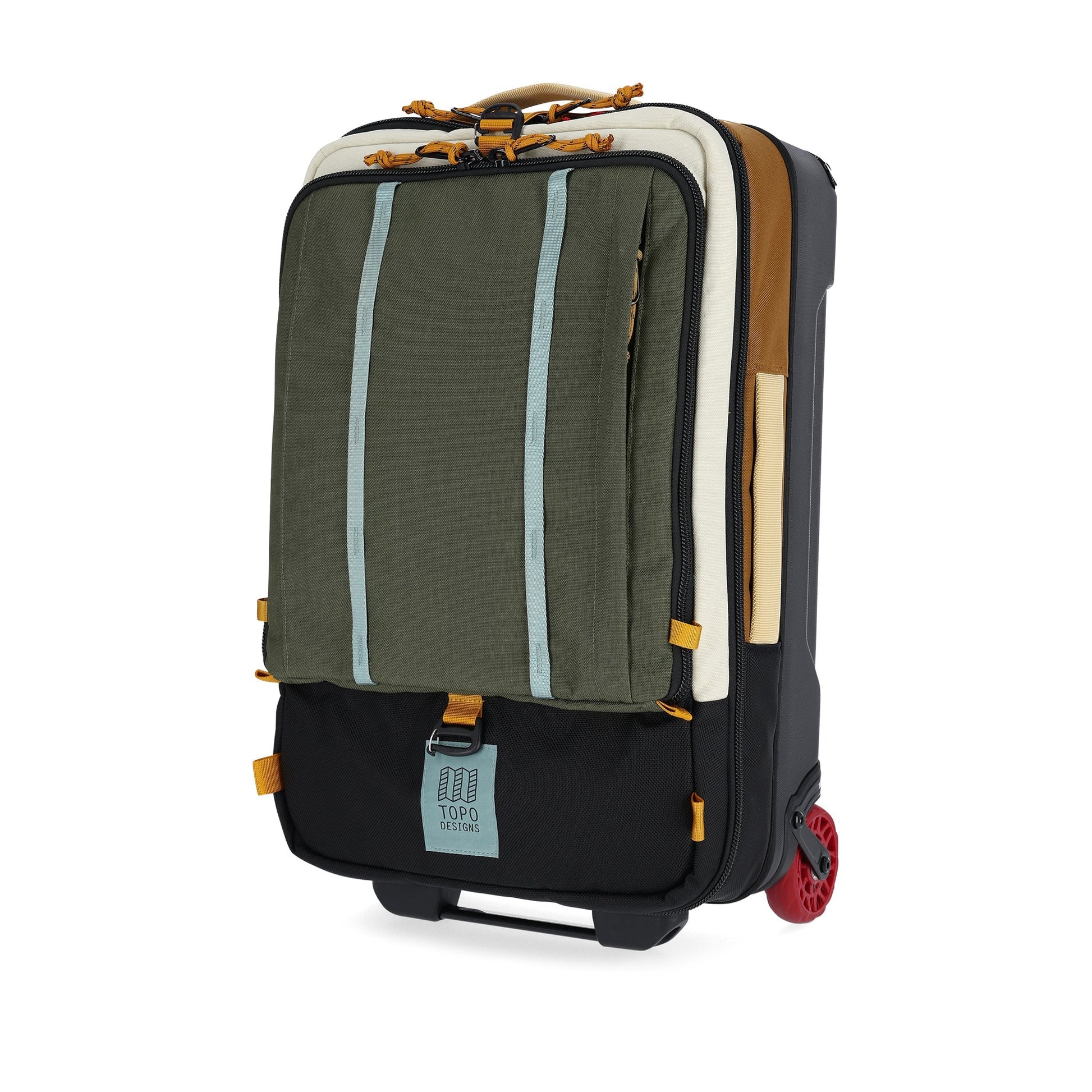 Front View of Topo Designs Global Travel Bag Roller in "Bone White / Olive"