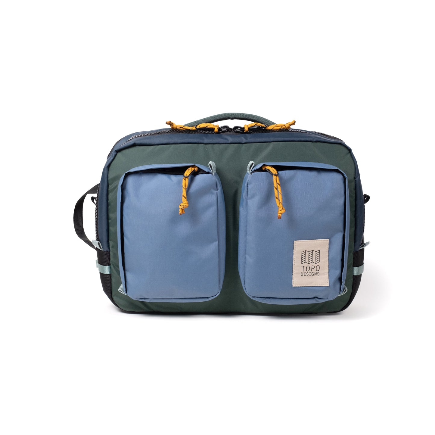 Front View of Topo Designs Global Briefcase in "Stone Blue / Forest"