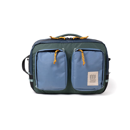 Front View of Topo Designs Global Briefcase in "Stone Blue / Forest"
