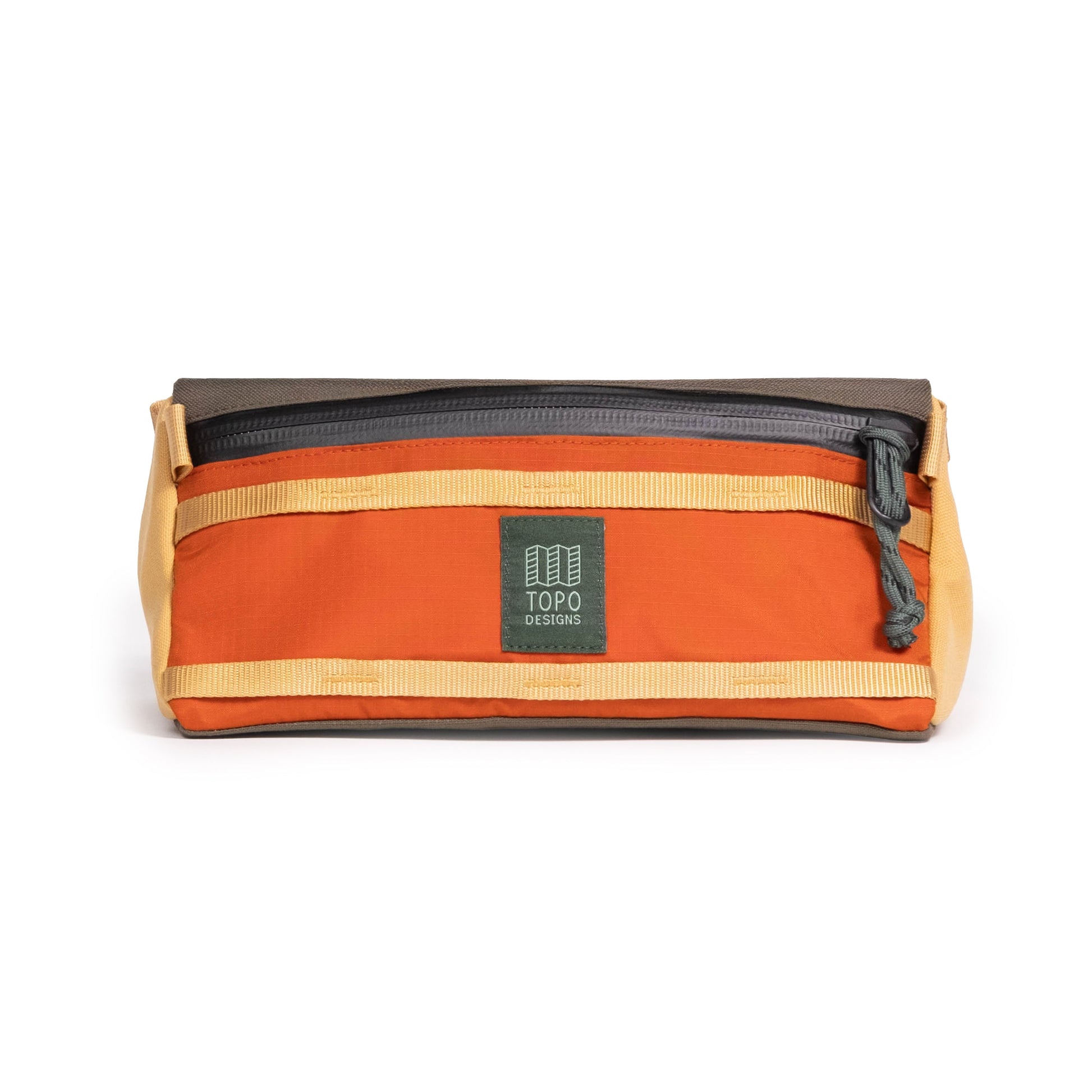 Topo Designs Mountain Bike Bag handlebar pack with removable shoulder strap in "Woodland / Terracotta" lightweight recycled nylon.