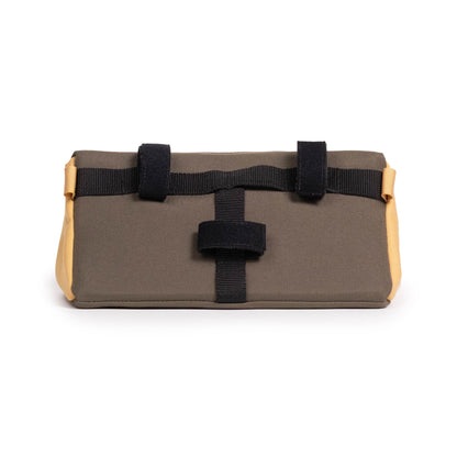 Topo Designs Mountain Bike Bag handlebar pack with removable shoulder strap in "Woodland / Terracotta" lightweight recycled nylon.