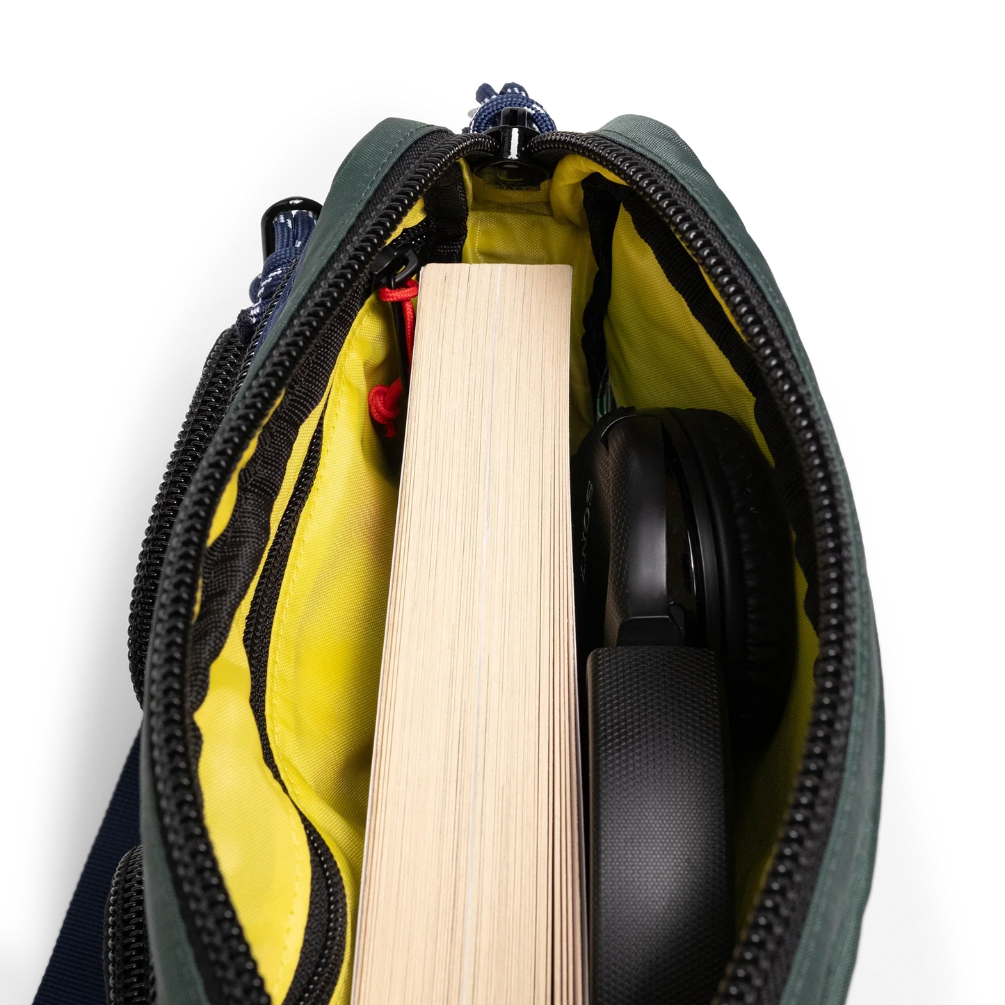 General interior view of Topo Designs Block Bag in "Forest / Bone White"