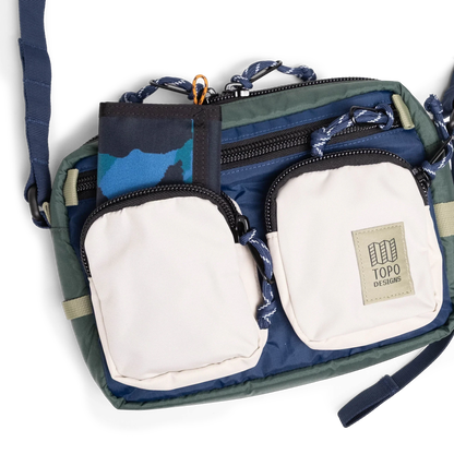 General detail view of Topo Designs Block Bag in "Forest / Bone White"