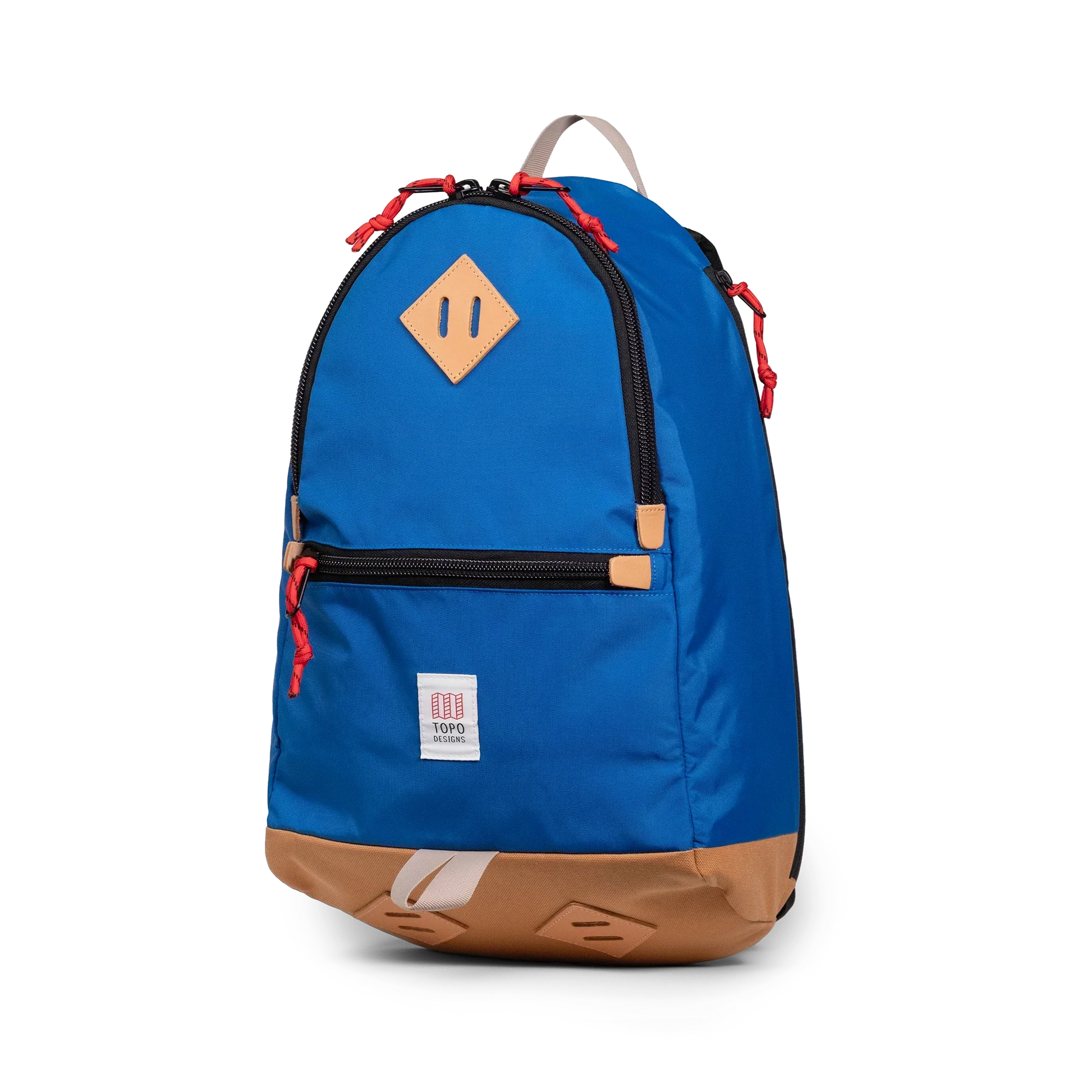 Quarter view of Topo Designs Classic Teardrop Backpack in "Classic Blue"
