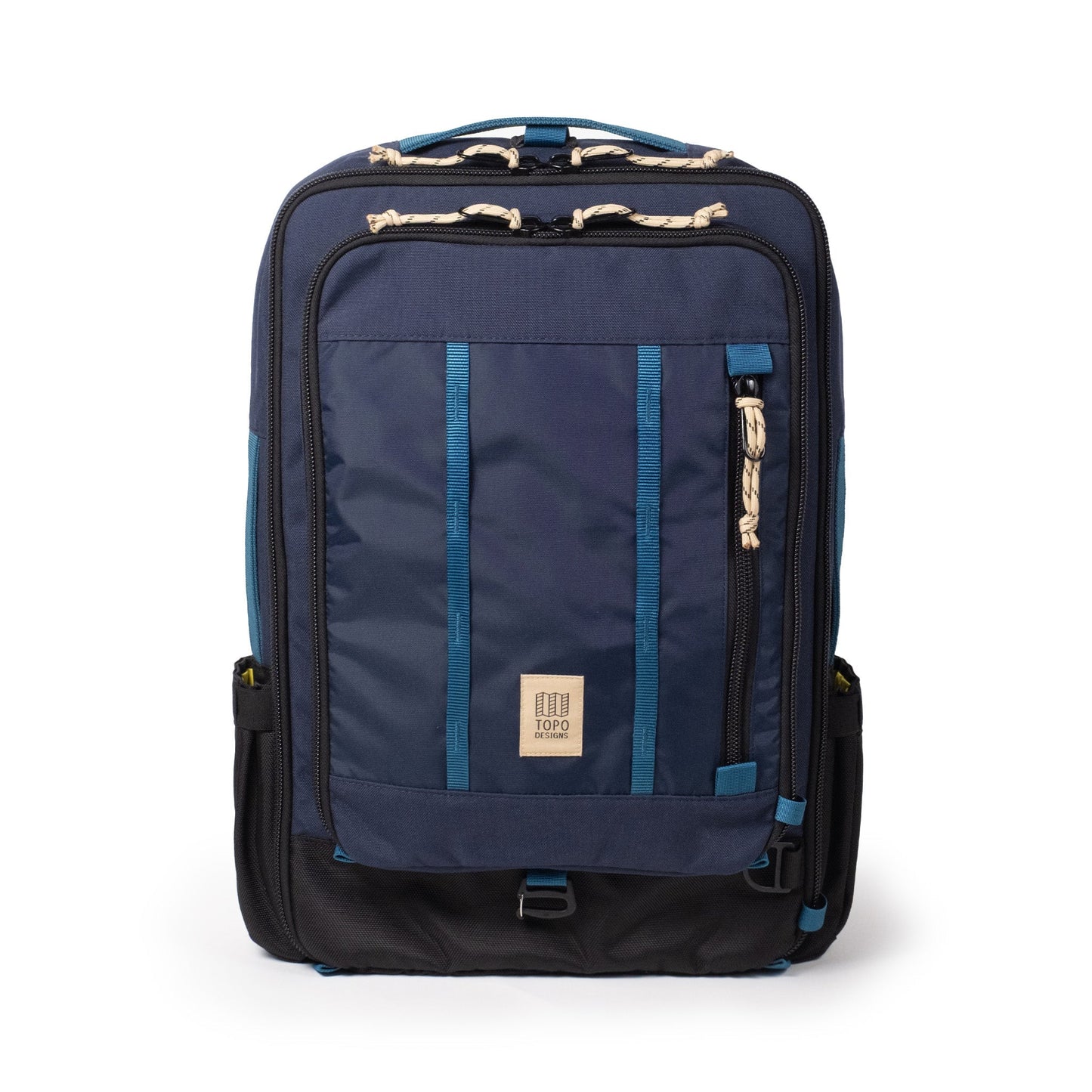 Front View of Topo Designs Global Travel Bag 30L in "Navy / Sahara"