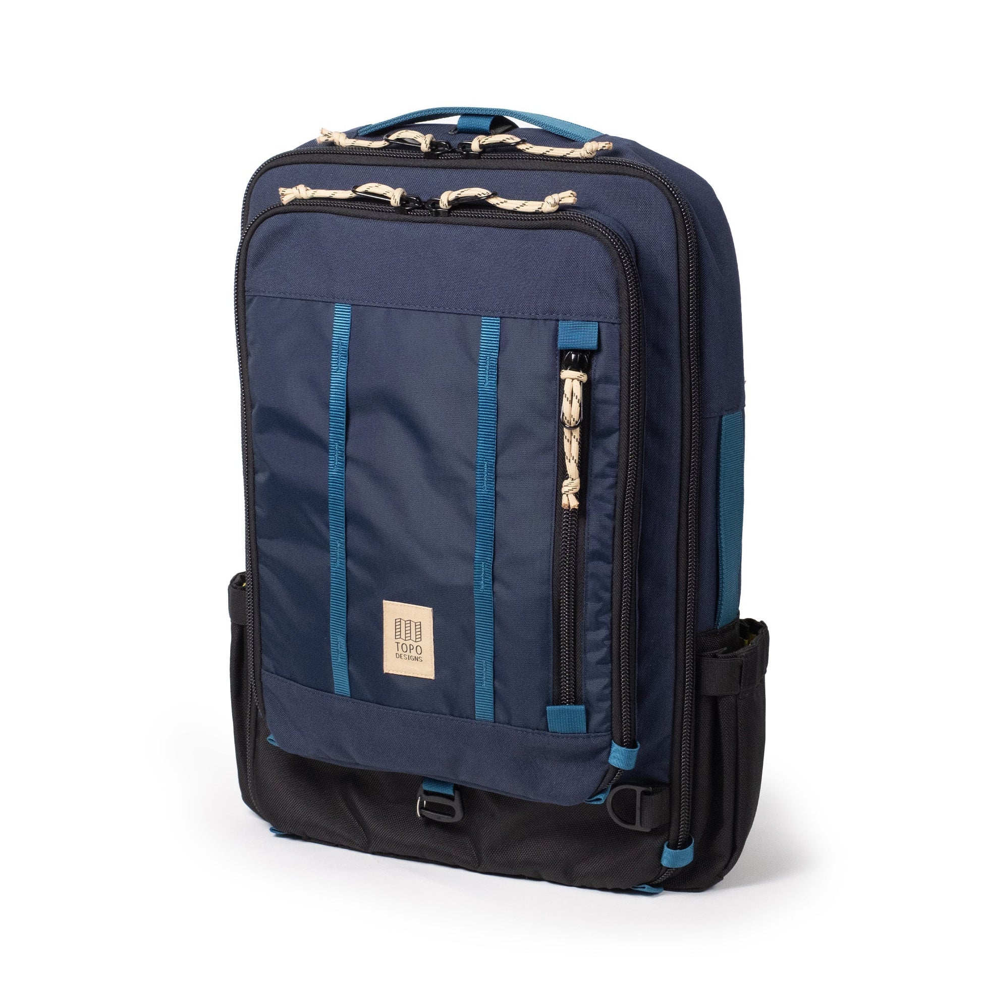Front View of Topo Designs Global Travel Bag 30L in "Navy / Sahara"