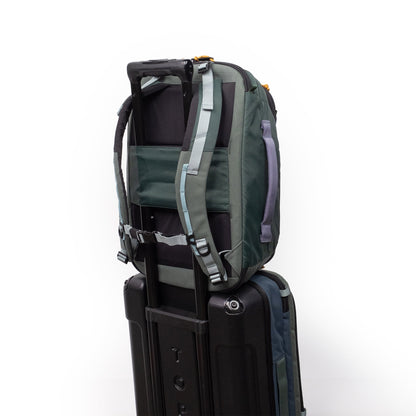 General Detail shot of Topo Designs Global Travel Backpack in "Stone Blue / Forest"