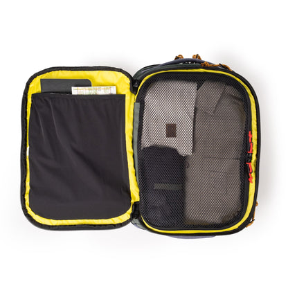 General Detail shot of Topo Designs Global Travel Backpack in "Stone Blue / Forest"