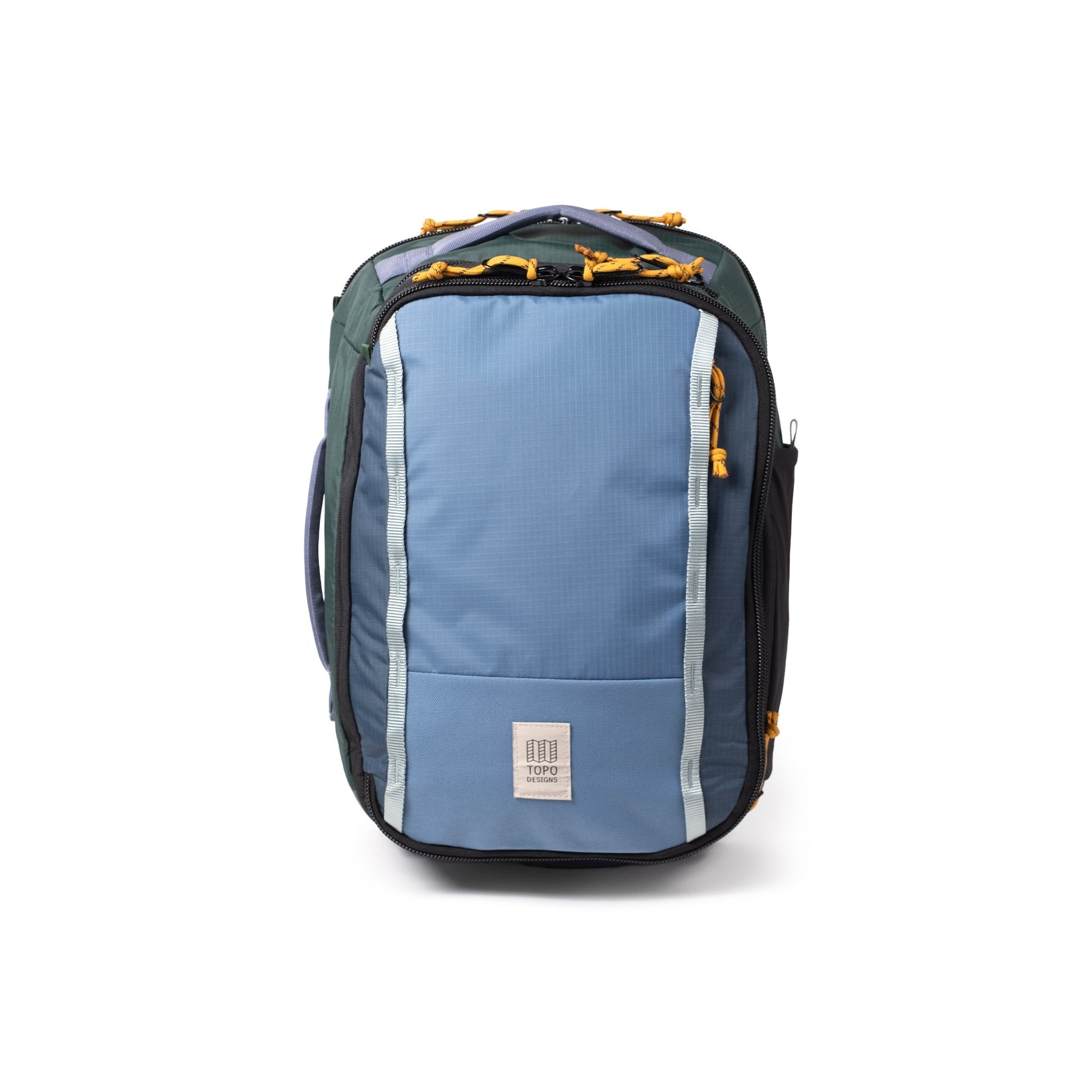 Front View of Topo Designs Global Travel Backpack in "Stone Blue / Forest"