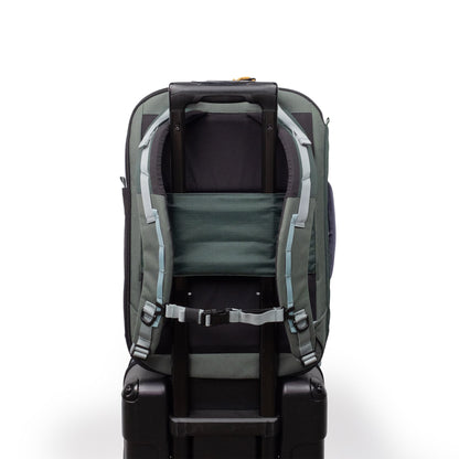 General Detail shot of Topo Designs Global Travel Backpack in "Stone Blue / Forest"