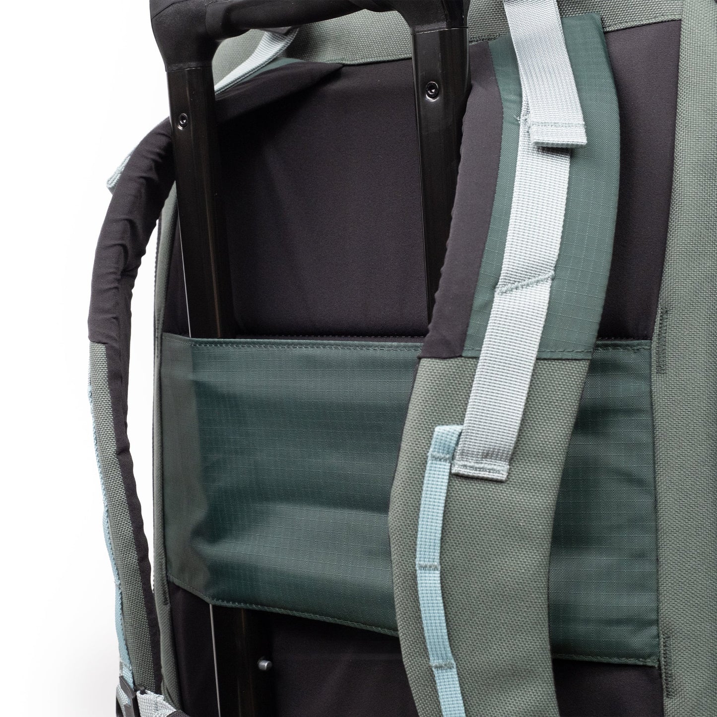 General Detail shot of Topo Designs Global Travel Backpack in "Stone Blue / Forest"