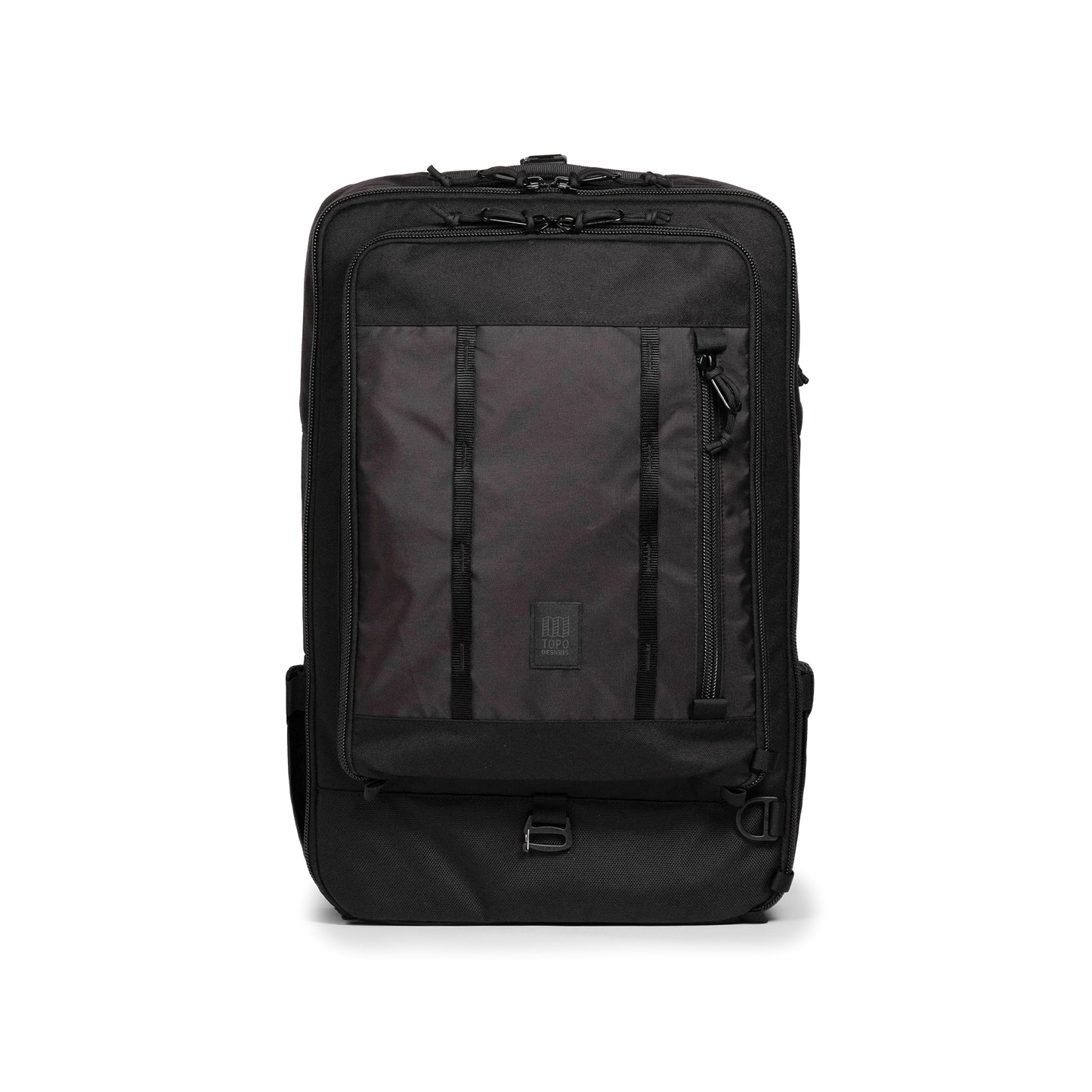 Front view of Topo Designs Global Travel Bag 40L in "Black / Black"