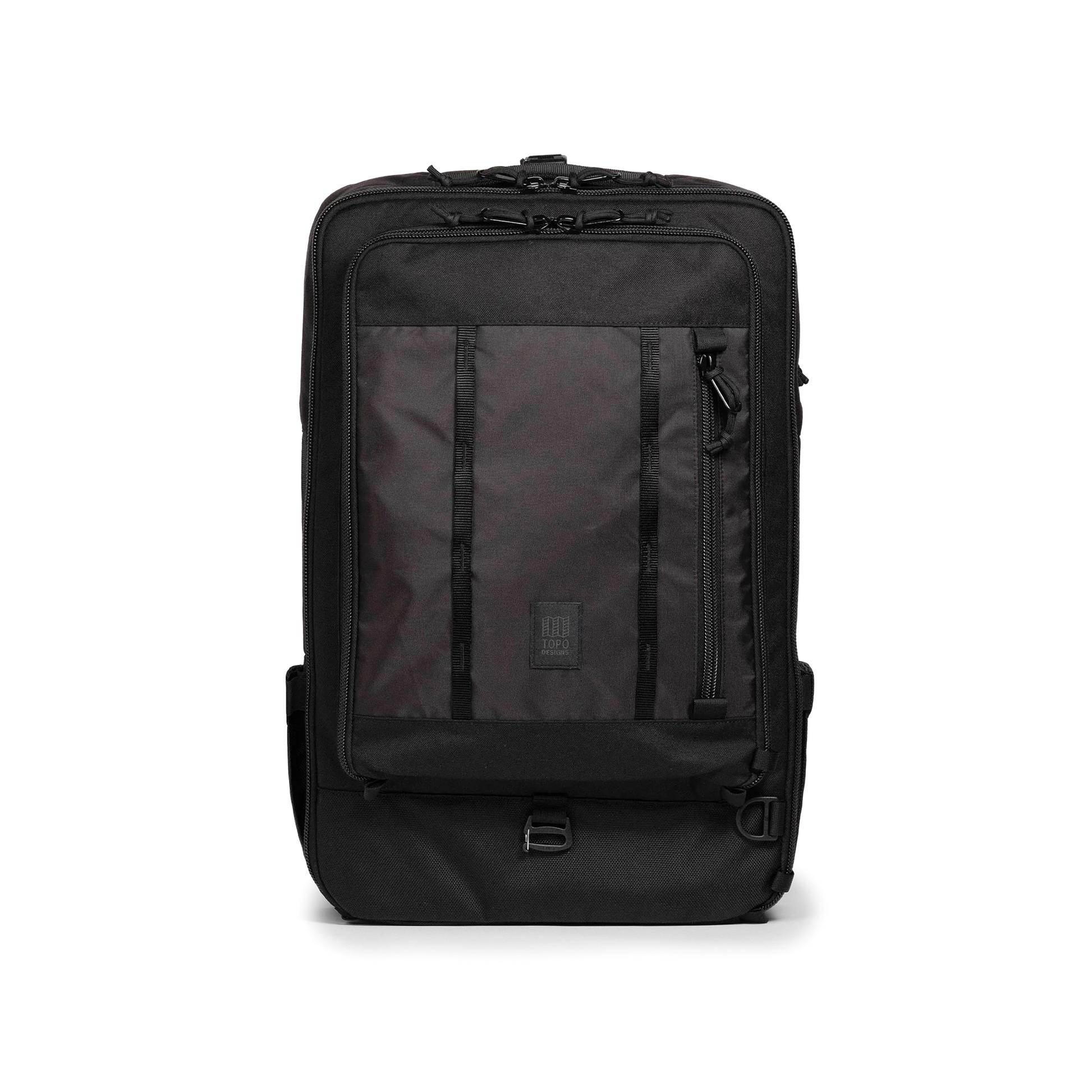 Front view of Topo Designs Global Travel Bag 40L in "Black / Black"