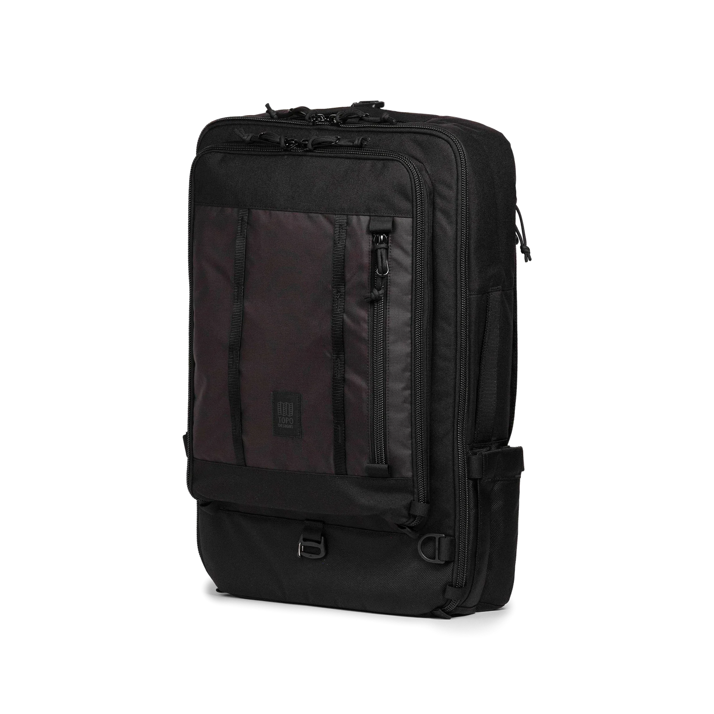 Front quarter view of Topo Designs Global Travel Bag 40L in "Black / Black"