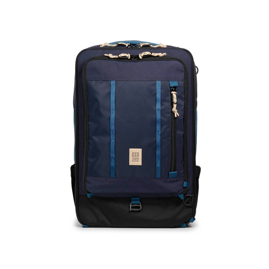 Front view of Topo Designs Global Travel Bag 40L in "Navy / Sahara"