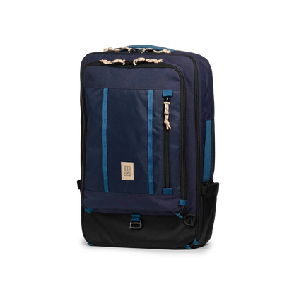 Front quarter view of Topo Designs Global Travel Bag 40L in "Navy / Sahara"