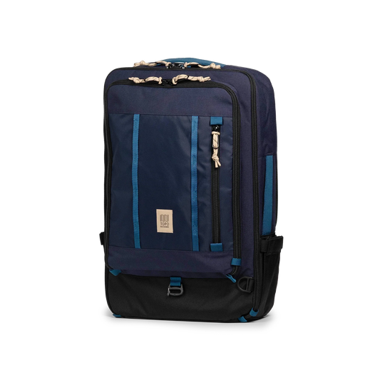 Front quarter view of Topo Designs Global Travel Bag 40L in "Navy / Sahara"