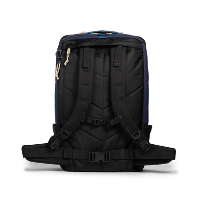 Back view of Topo Designs Global Travel Bag 40L in "Navy / Sahara"