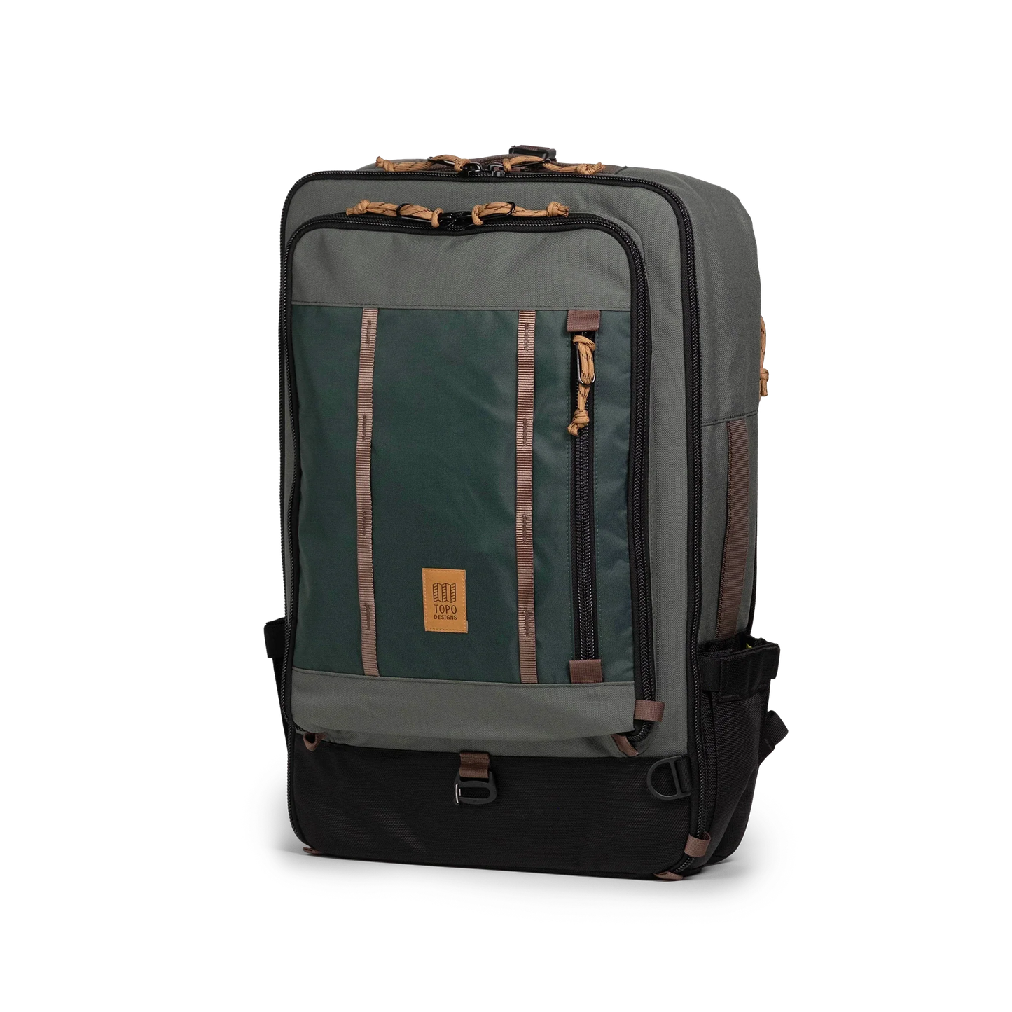 Front quarter view of Topo Designs Global Travel Bag 40L in "Woodland / Forest"