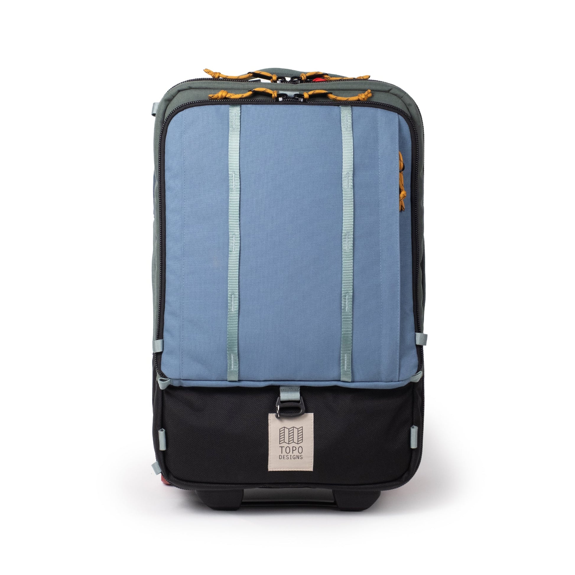 Front View of Topo Designs Global Travel Bag Roller in "Stone Blue / Forest"