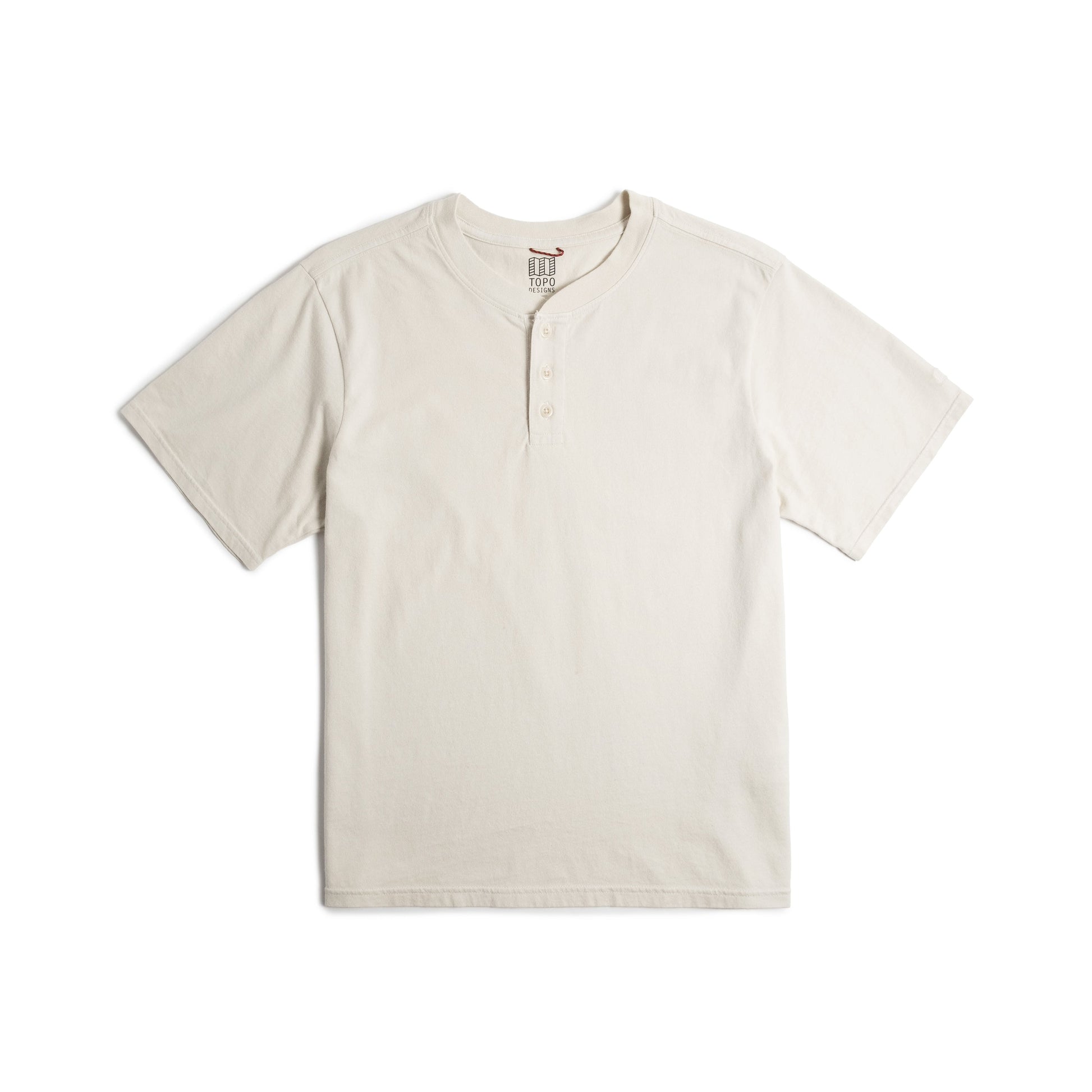 Front flat lay photo on white background of Topo Designs Dirt Henley Short Sleeve - Men's in "Bone White"
