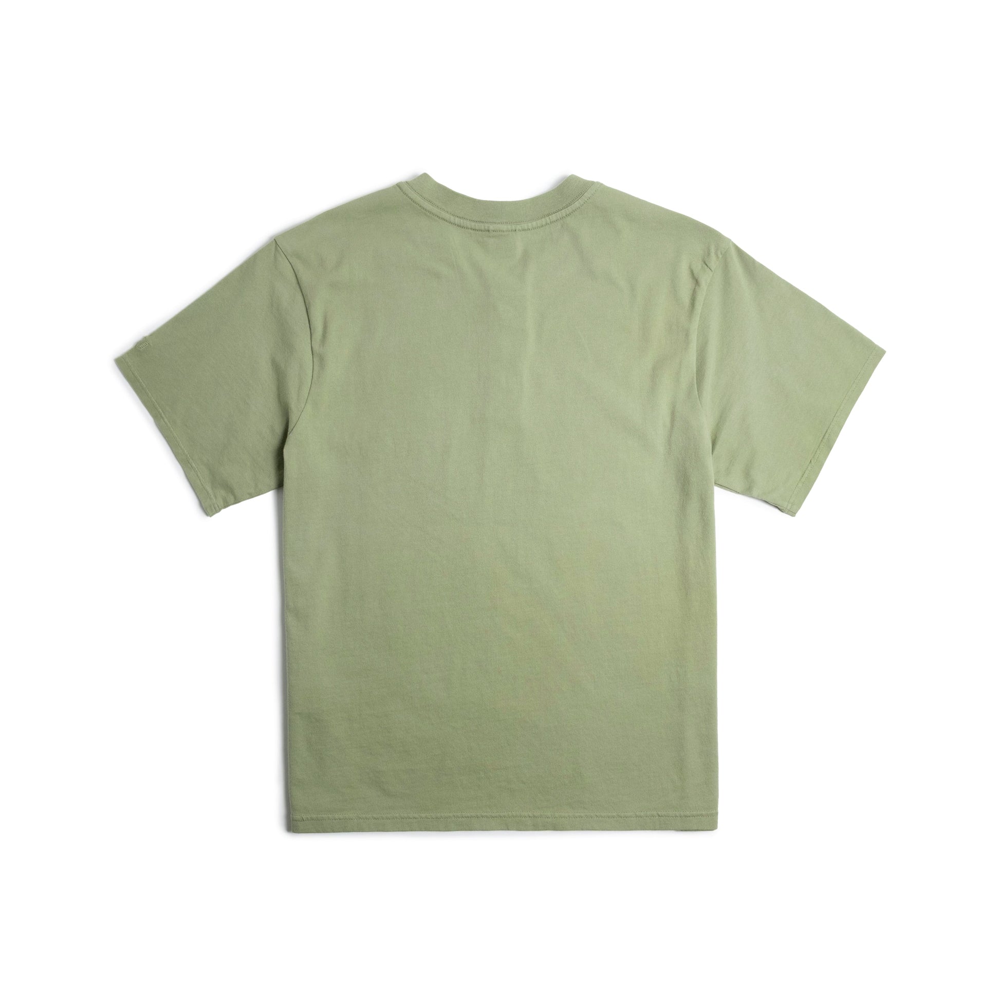 Back flat lay photo on white background of Topo Designs Dirt Henley Short Sleeve - Men's in "Oil Green"
