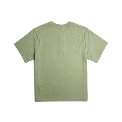 Back flat lay photo on white background of Topo Designs Dirt Henley Short Sleeve - Men's in "Oil Green"