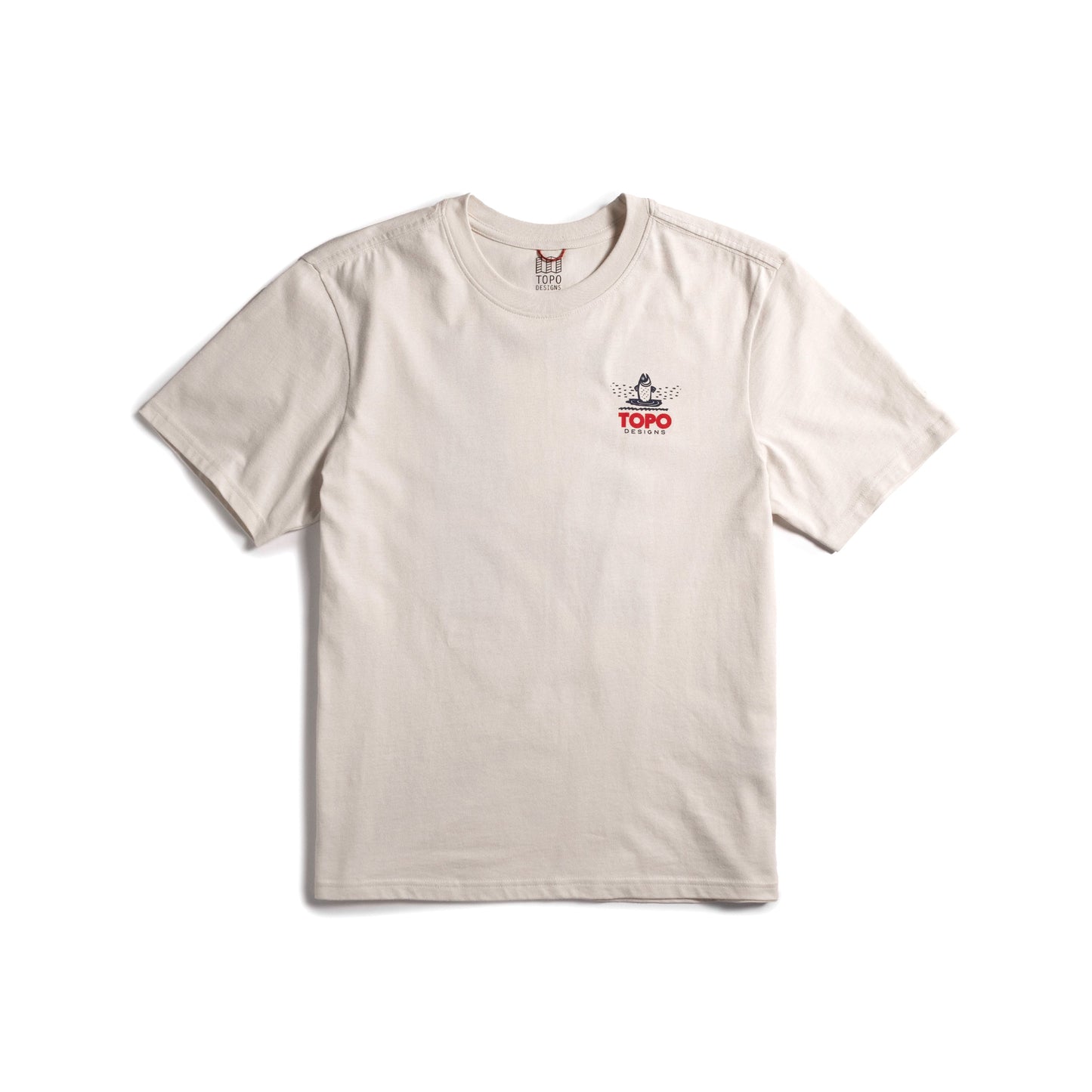 Front flat lay image on white background of Topo Designs Mountain River Tee - Men's in "Bone White"