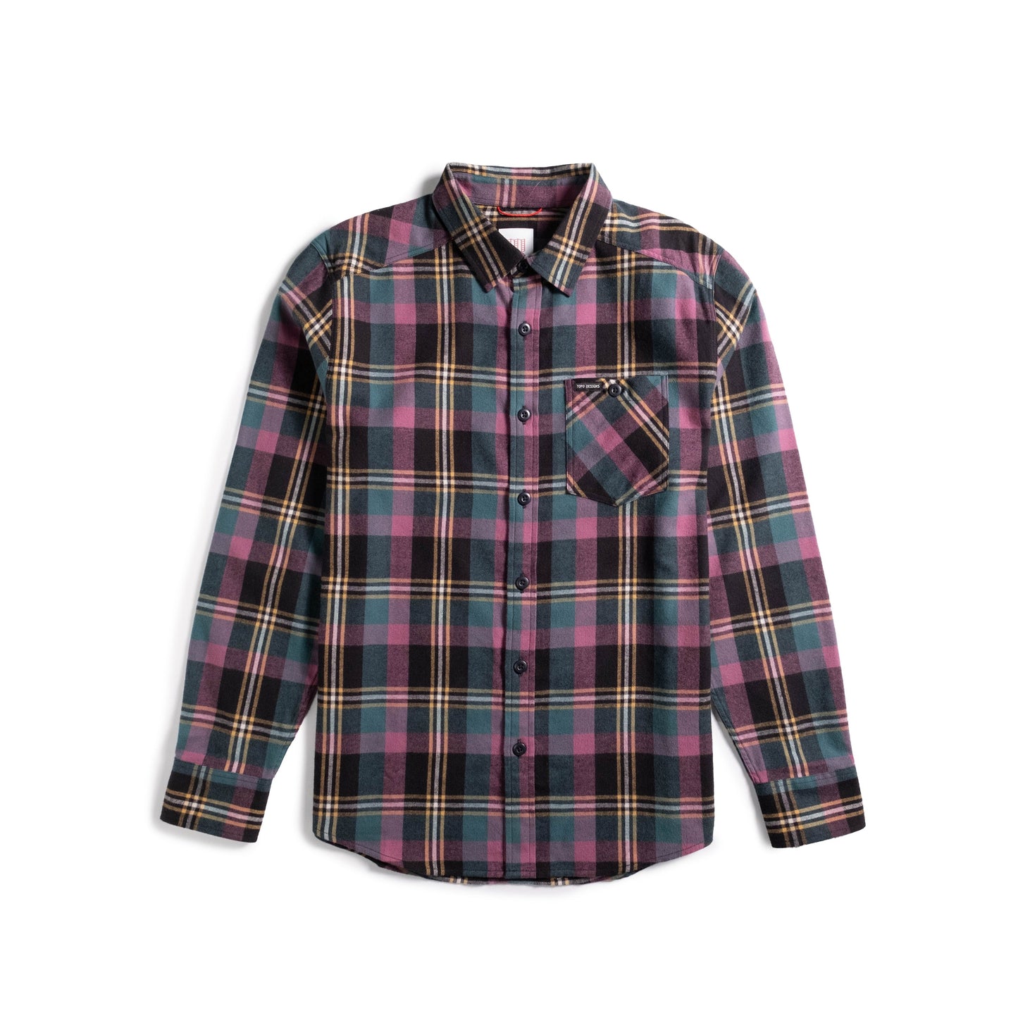 Front shot of Topo Designs Mountain Shirt Lightweight - Men's in "Black / Goldenrod Multi"