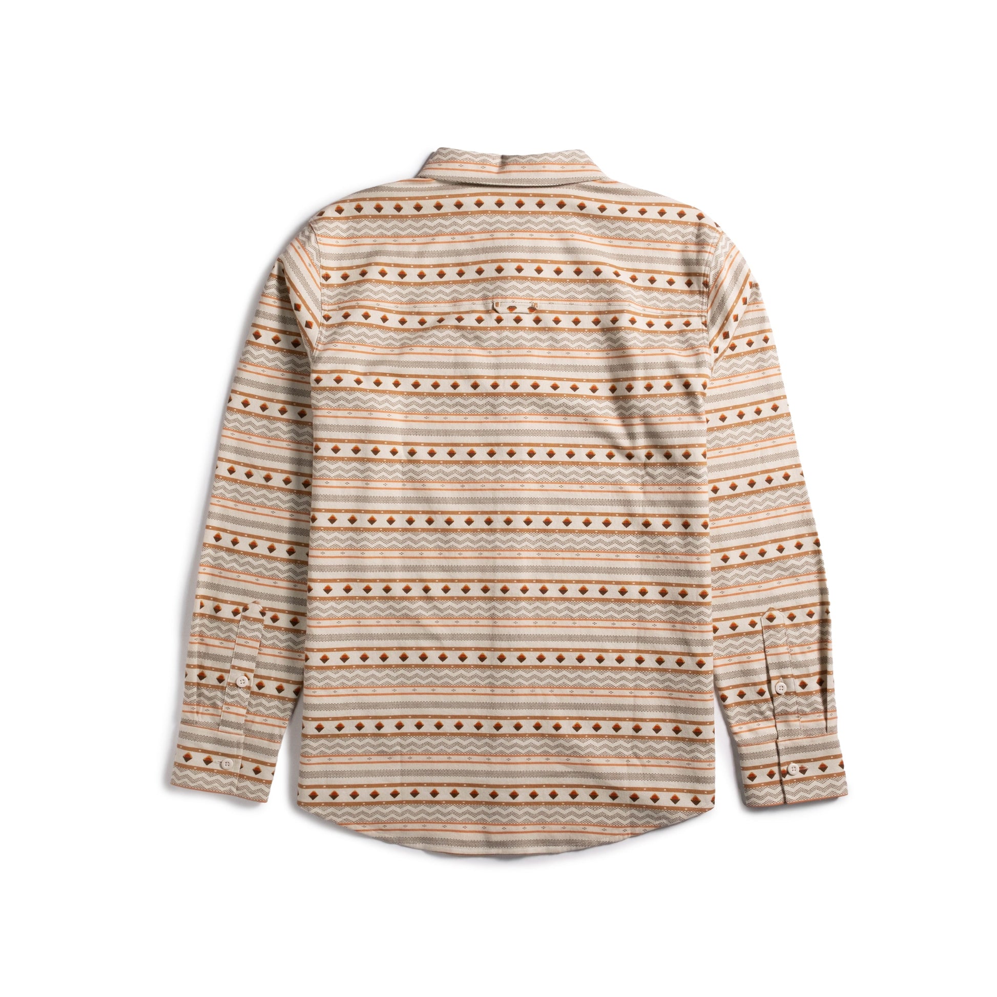 Back shot of Topo Designs Mountain Shirt Lightweight - Men's in "Bone White Sunset Stripe"