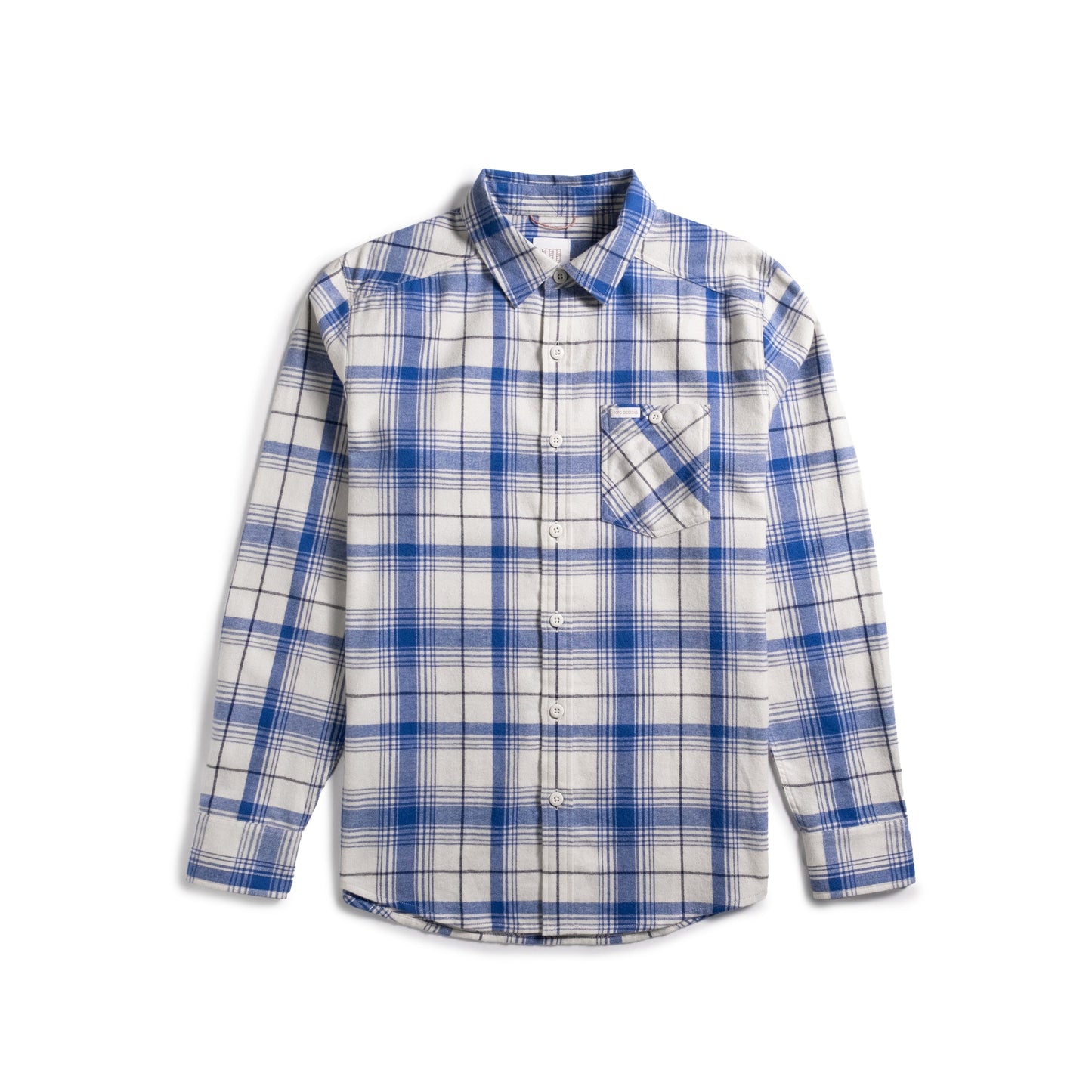 Front shot of Topo Designs Mountain Shirt Lightweight - Men's in "French Blue / Bone White Multi"