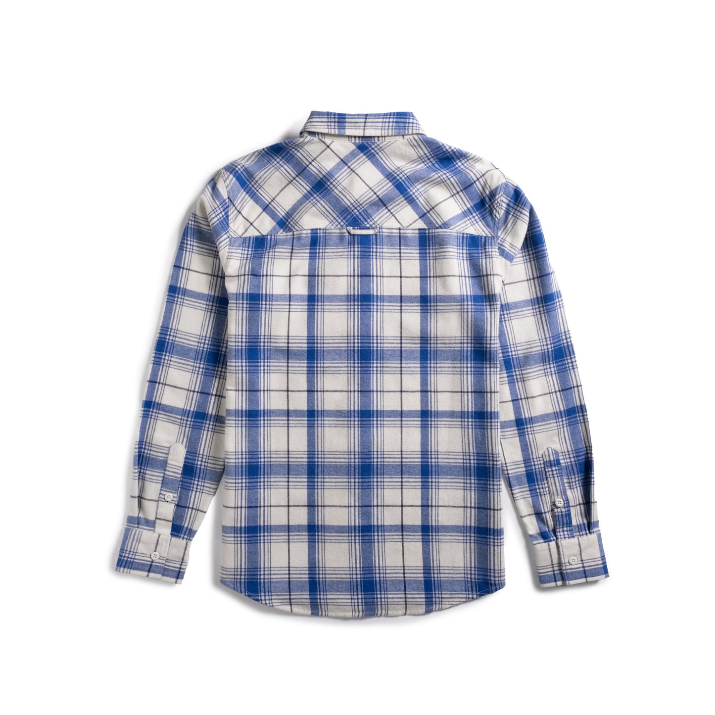 Back shot of Topo Designs Mountain Shirt Lightweight - Men's in "French Blue / Bone White Multi"
