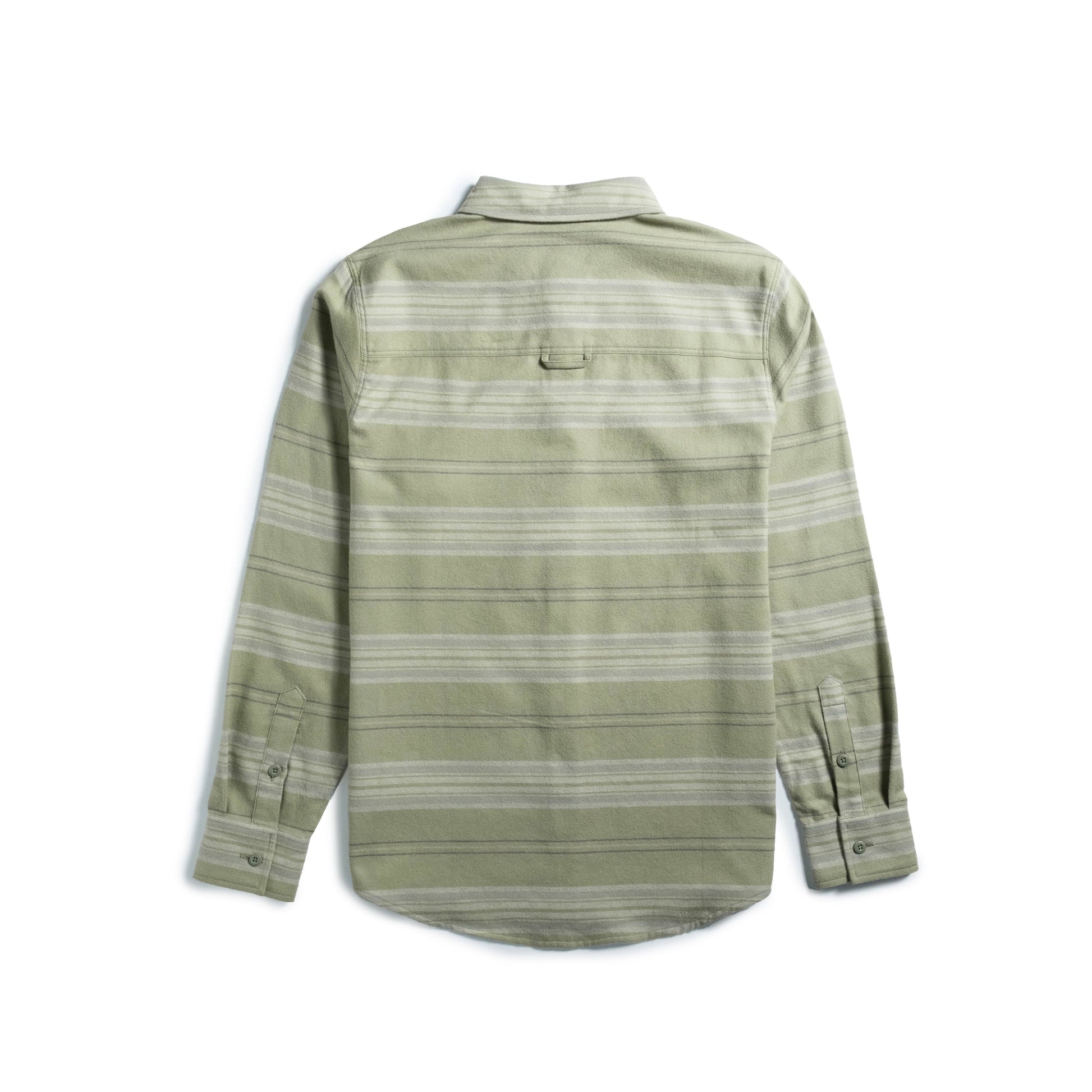 Back shot of Topo Designs Mountain Shirt Lightweight - Men's in "Oil Green Horizontal Stripe"