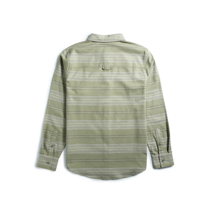 Back shot of Topo Designs Mountain Shirt Lightweight - Men's in "Oil Green Horizontal Stripe"