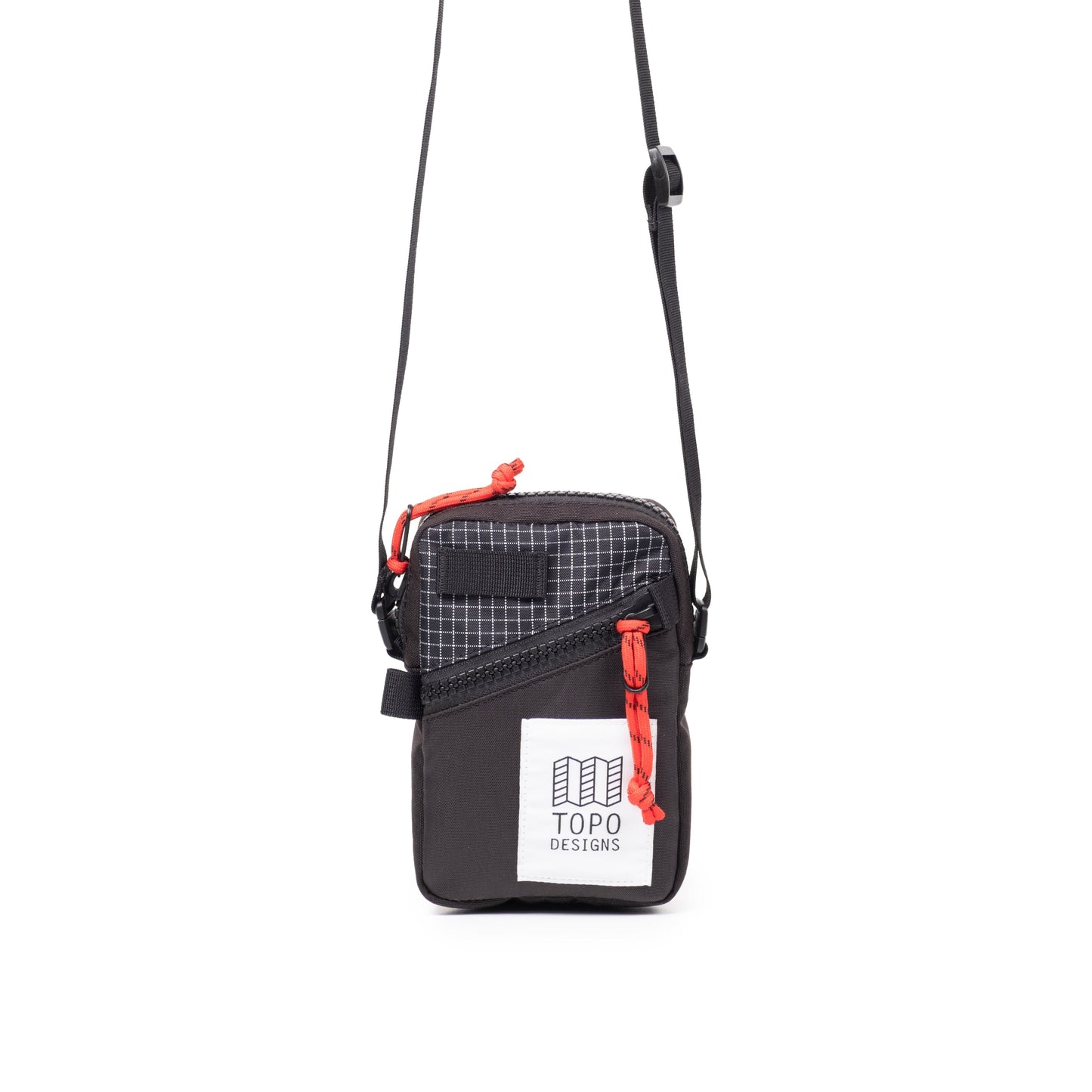 Front View of Topo Designs Mini Shoulder Bag in "Black / White Grid"