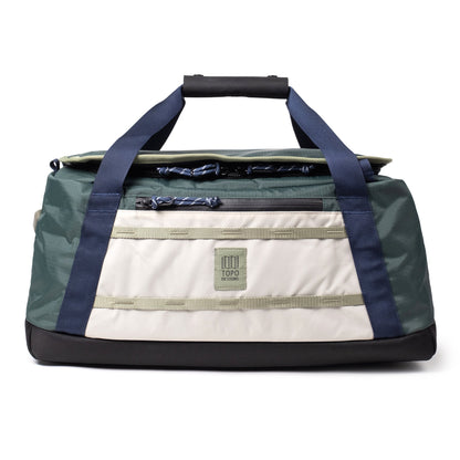 Front View of Topo Designs Mountain Duffel 40L in "Forest / Bone White"