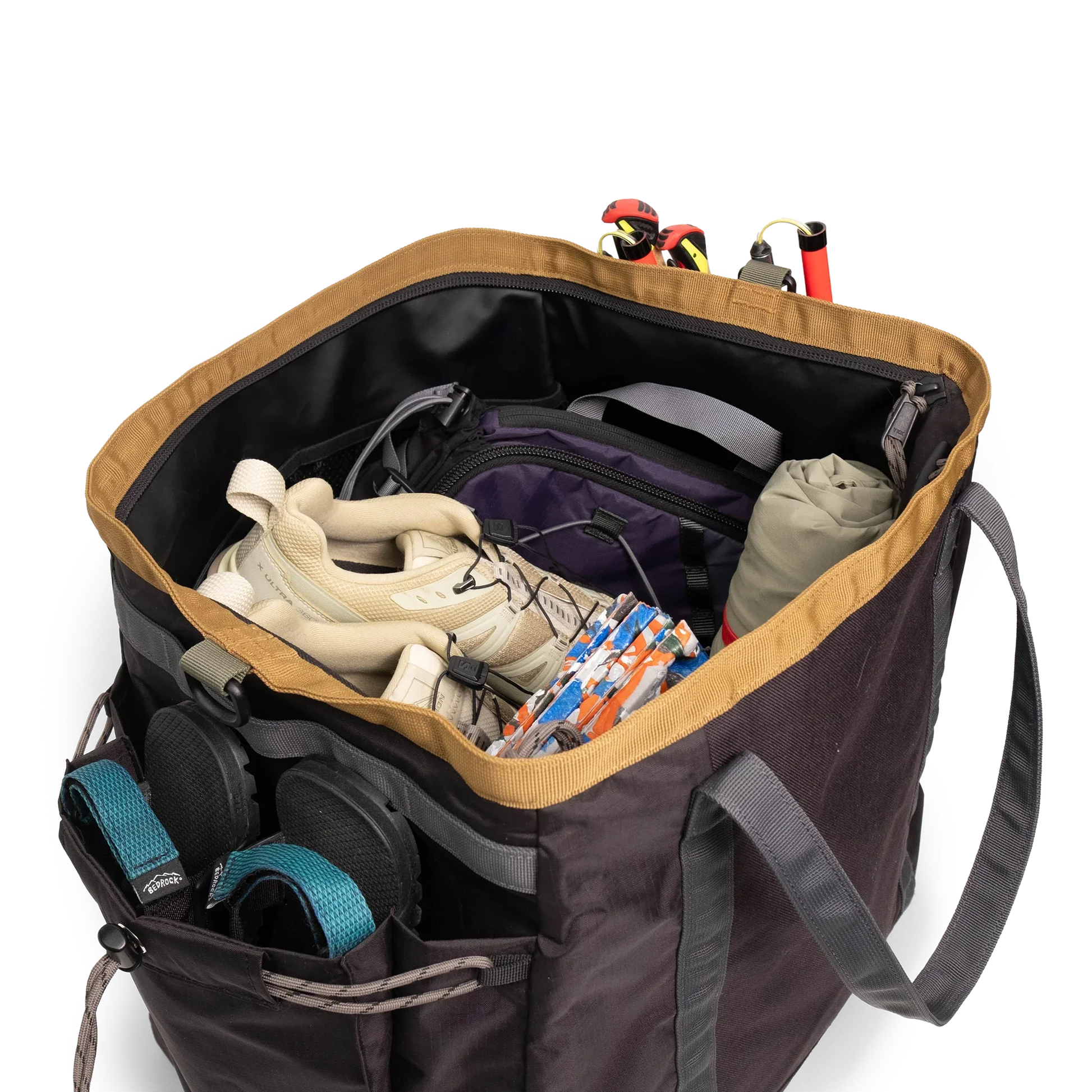 General Detail shot of Topo Designs Mountain Gear Bag packed out in "Black / Neutral".