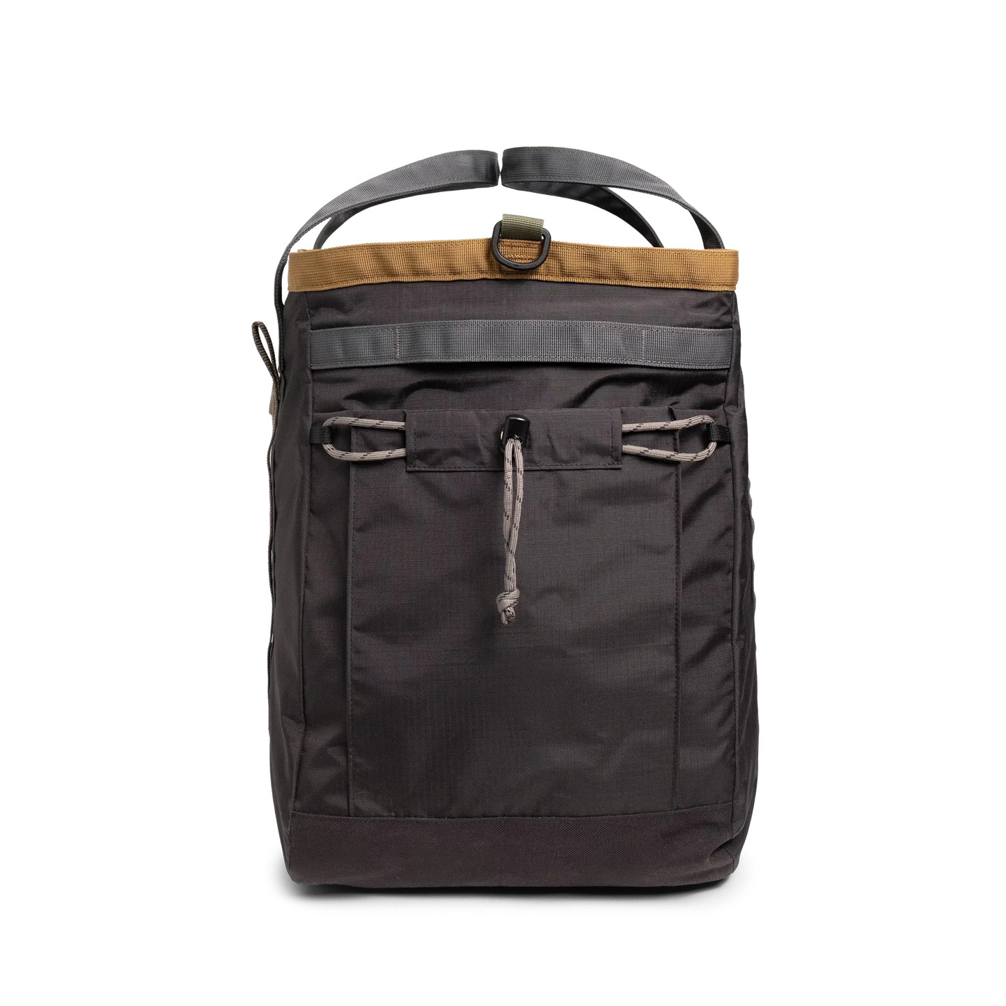 General detail shot of Topo Designs Mountain Gear Bag in "Black / Neutral" showing side pocket view.